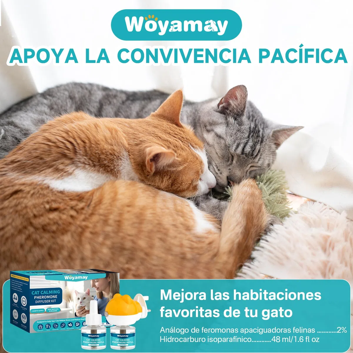 Woyamay Difusor de Feromonas para Gatos y Recambios, Calmante Gatos y Tranquilizantepara Gatos con 2 Difusor + 4 Recambios de 48 ml, Relajante para Gatos hasta 120 Dias
