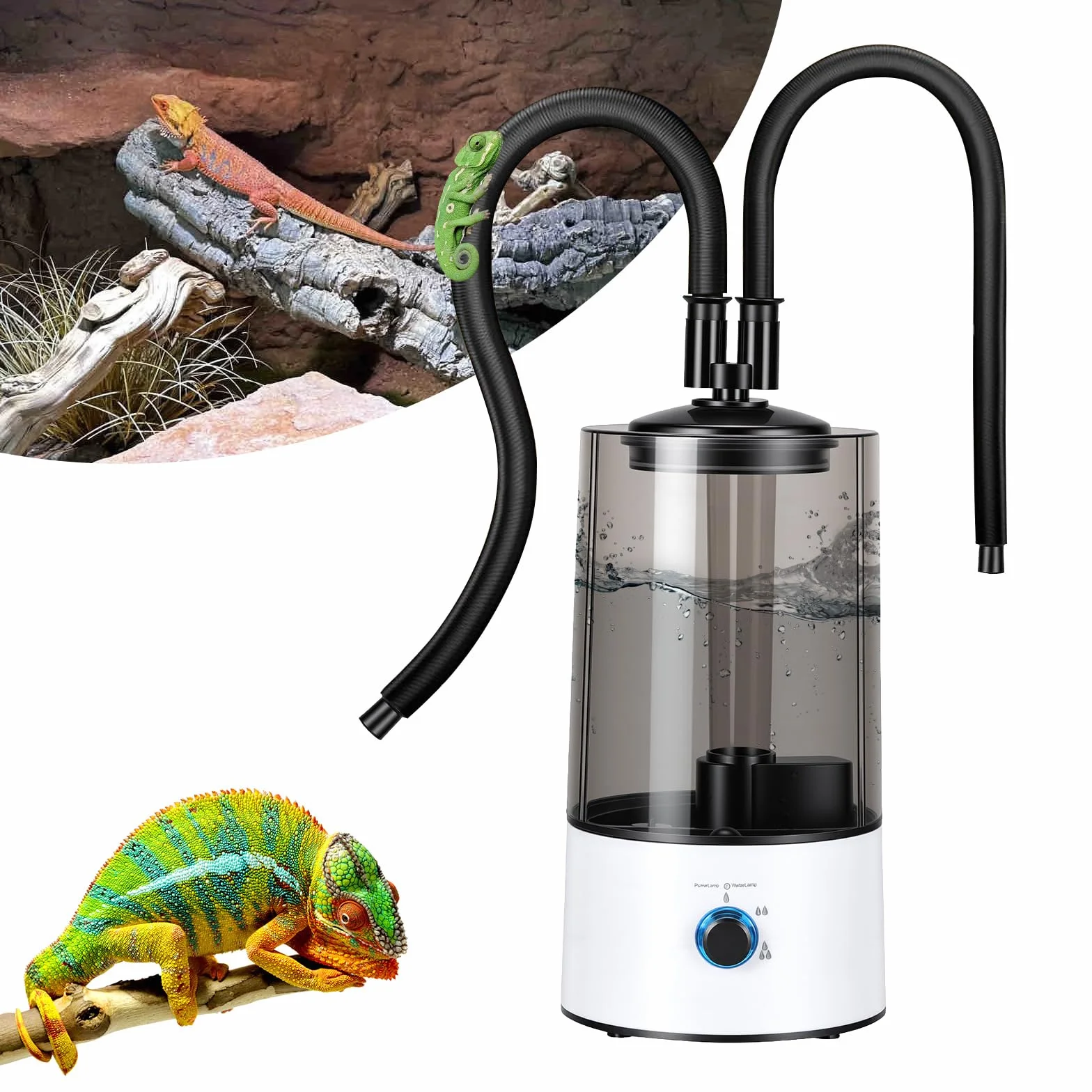 Humidificador Aéreo para Reptiles, 4L Generador Niebla para Terrarios con Tubo Doble Extensible, Ajuste en Tres Niveles del Tamaño de la Niebla, Vaporizador Ultra Silencioso para Reptiles