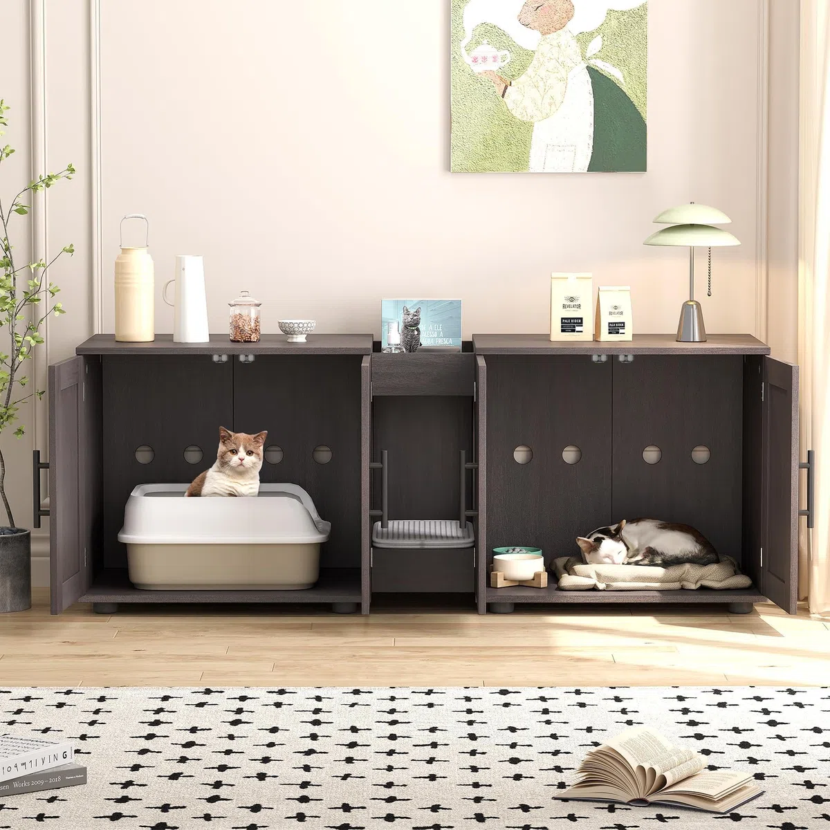 GarveeLife Mueble Arenero para Gatos – Gabinete Oculto con Doble Compartimento para 2 Cajas, Diseño 3 en 1 Mesita Lateral, Madera Impermeable, Negro 140x45x52 cm