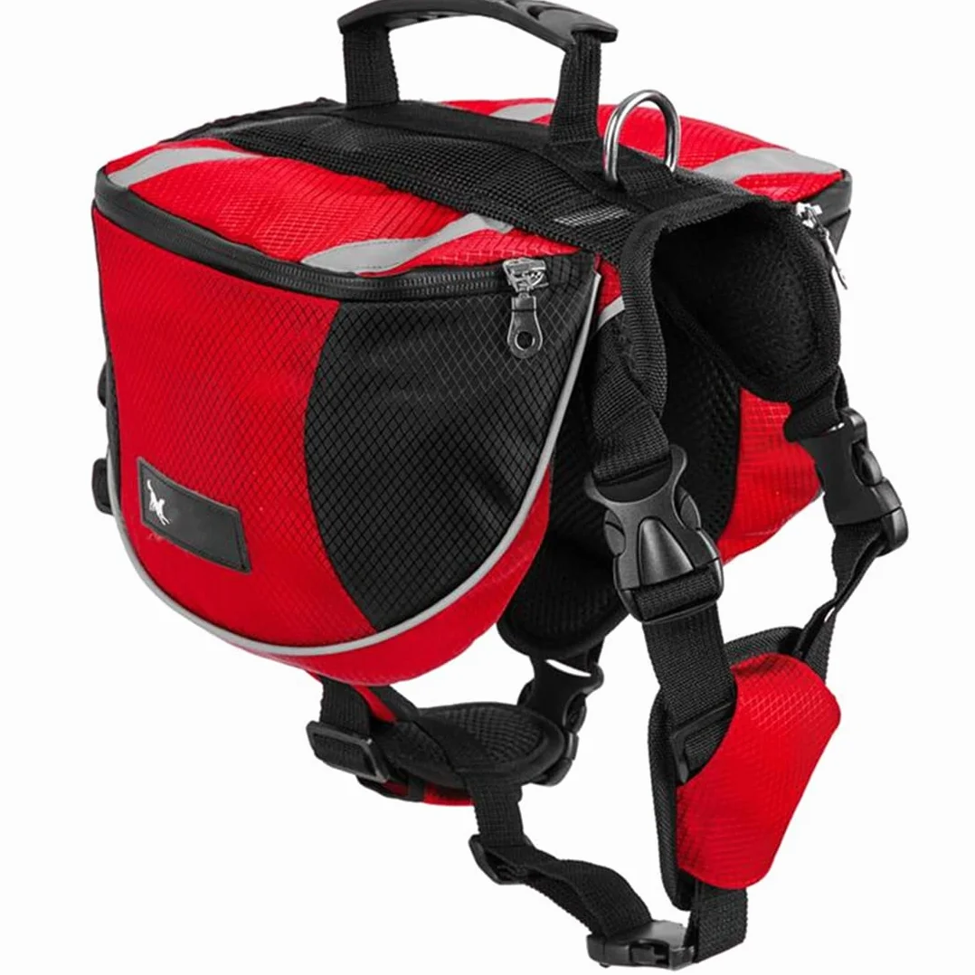 Arnés Chaleco Mochila para Perro Mediano y Grande, Bolsa Sillín Portador Impermeable para Senderismo Viaje Paseo, Alforja Ajustable con Tira Reflectante para Mascota (Rojo, M (Perro 18kg - 28kg)