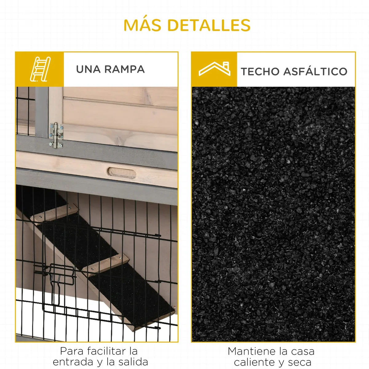 PawHut Conejera de Madera Exterior 108x45x78 cm Jaula para 2 Conejos con Corral Metálico 2 Puertas con Pestillos Techo Asfáltico Abrible Bandeja Extraíble Rampa Gris