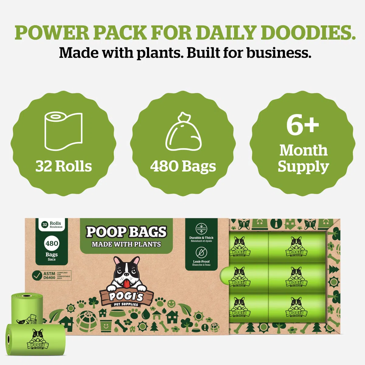 Pogi's Poop Bags - Bolsas Compostables para excremento de Perro - 32 Rollos (480 Bolsas) - Impermeable, Vegetal, Bolsas Compostables para Residuos de Perros con Certificación ASTM D6400, EN 13432
