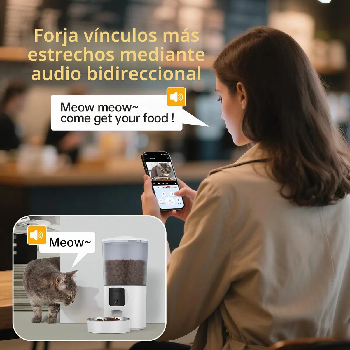 PF1-6L Comedero Gato Automatico WiFi, Cámara 1080P HD, Cuenco de Acero Inoxidable, Programable y con raciones, Antisuciedad y Cierre automático de Salida, Batería de Reserva