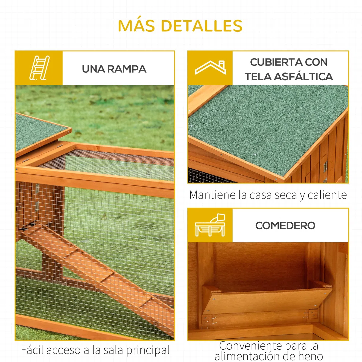 PawHut Conejera de Madera Exterior Jaula para Conejos de 2 Niveles 156x58x68 cm con Techo Asfáltico 2 Corrales de Metal Bandeja Extraíble 2 Puertas Ventana y Rampa Natural