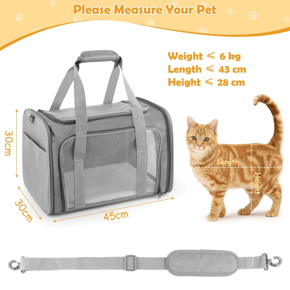 Transportin Gato Grande, 45x30x30 cm Transportin Perro Pequeño Transpirable Plegable, Transportin para Gatos con Correa al Hombro y Colchón Suave, para Coche/Avión, Autoreisbox für Katze