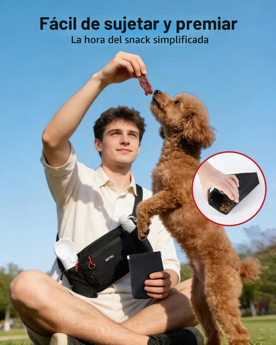 AGPTEK Bolsas de Golosinas para Perros, Riñonera Impermeable de Gran Capacidad con Bolsa Premios Perro Desmontable, Porta Botellas de Agua, Dispensador de Bolsas para Excrementos, Negro