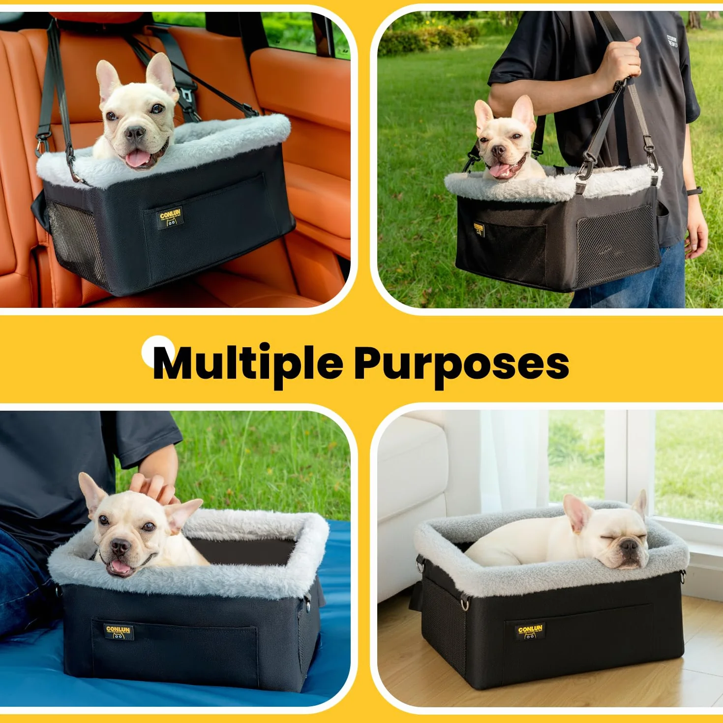 Conlun Asiento Coche Perro Pequeño y Gatos (hasta 9 kg) - Asiento Elevador Perro con Cinturón de Seguridad - Silla Coche Mascotas Plegable con Estructura de Acero (40x33x22 cm)