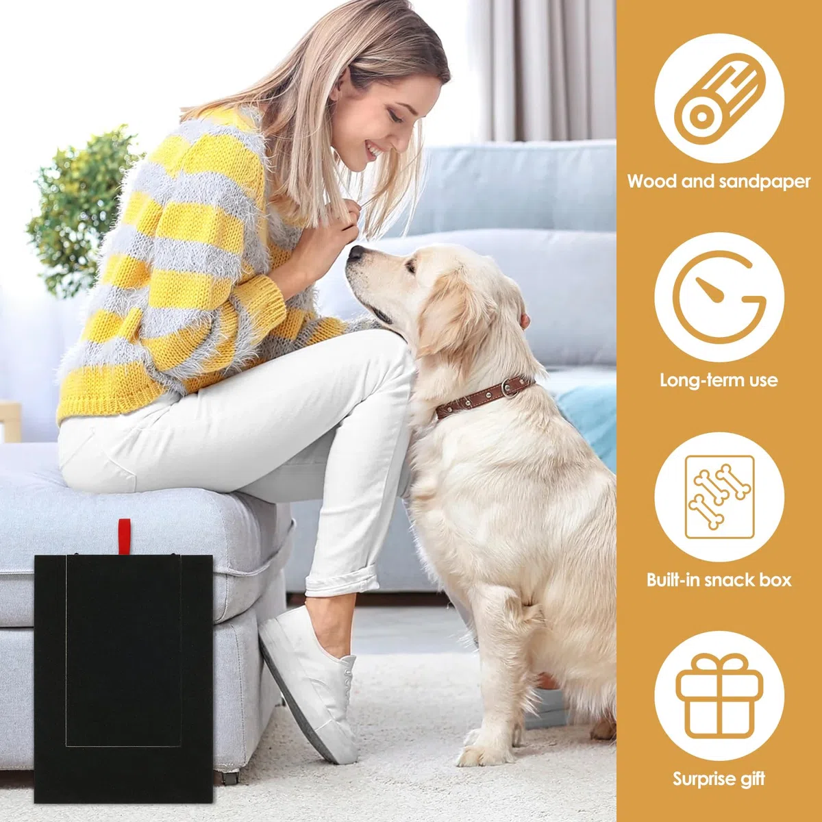 JTWEB Lima de madera para rascar uñas de perro, almohadilla de molienda de uñas de perro con caja de aperitivos integrada y papel de lija para el cuidado de las patas