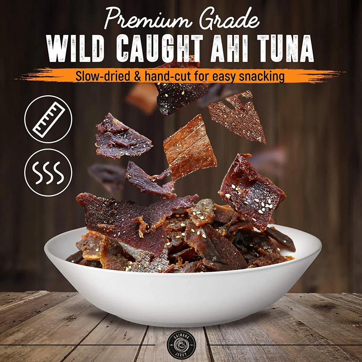 Kaimana Jerky Ahi - Paquete de muestras de atún - Cecina de atún natural y silvestre capturada en Estados Unidos. 9 g de proteína y buena fuente de omega-3 (paquete de 5, 1/56.7 g)