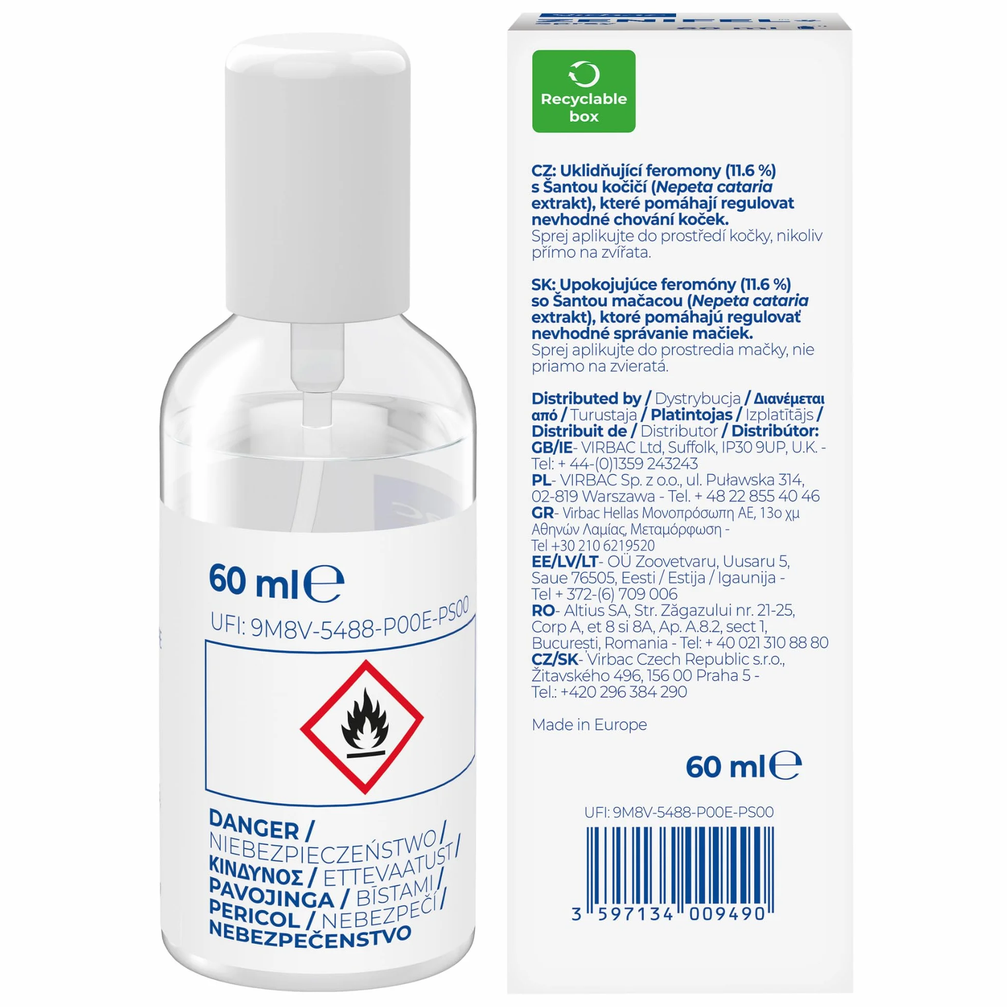 Virbac Zenifel Spray feromonas para Gatos - Antiestrés con feromonas y Catnip - Spray Relajante de acción rápida - 60ml