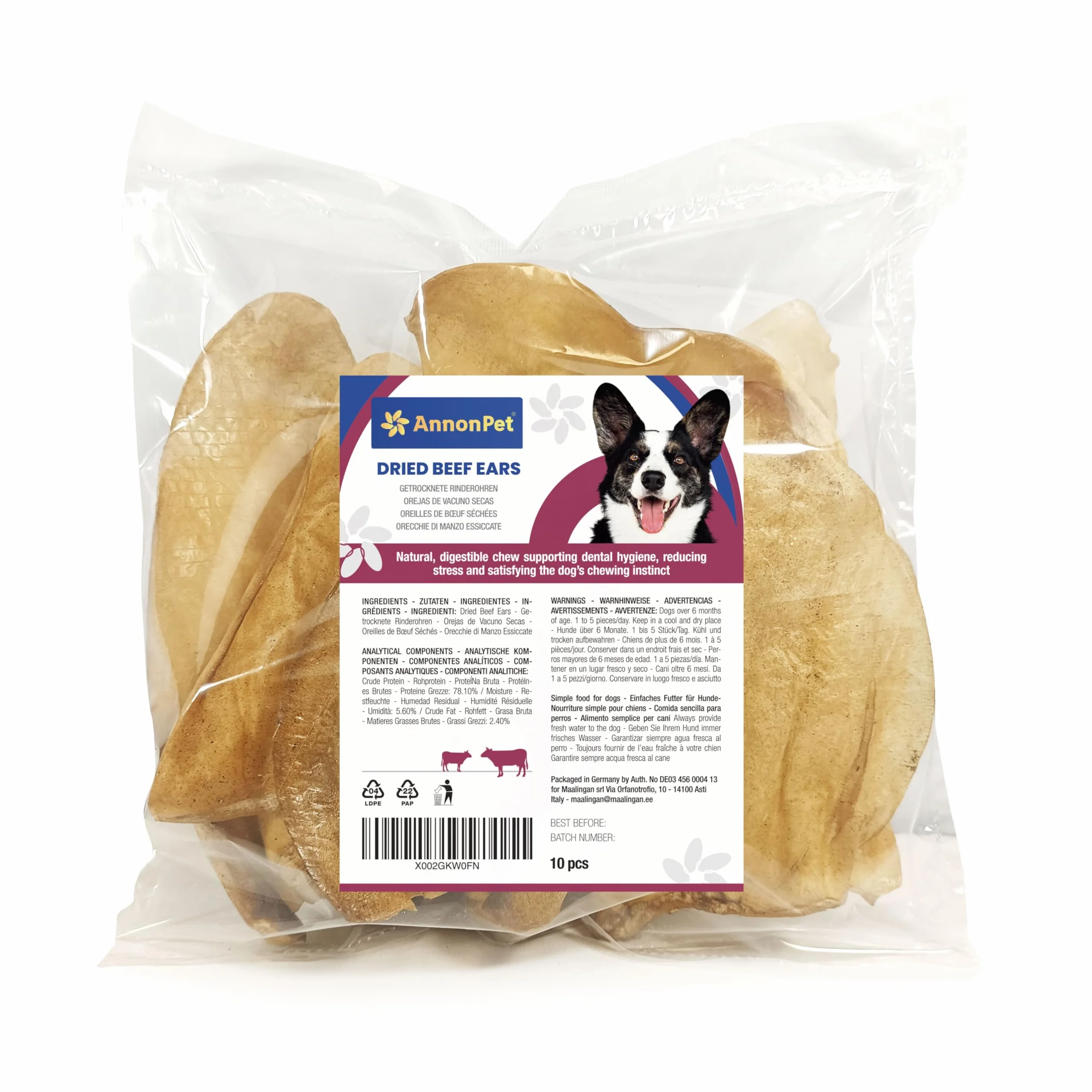 10 orejas secas para perros – Artículos masticables naturales y fáciles de digerir – Rico en proteínas, sin aditivos – Ideal para cuidado dental y alivio del estrés