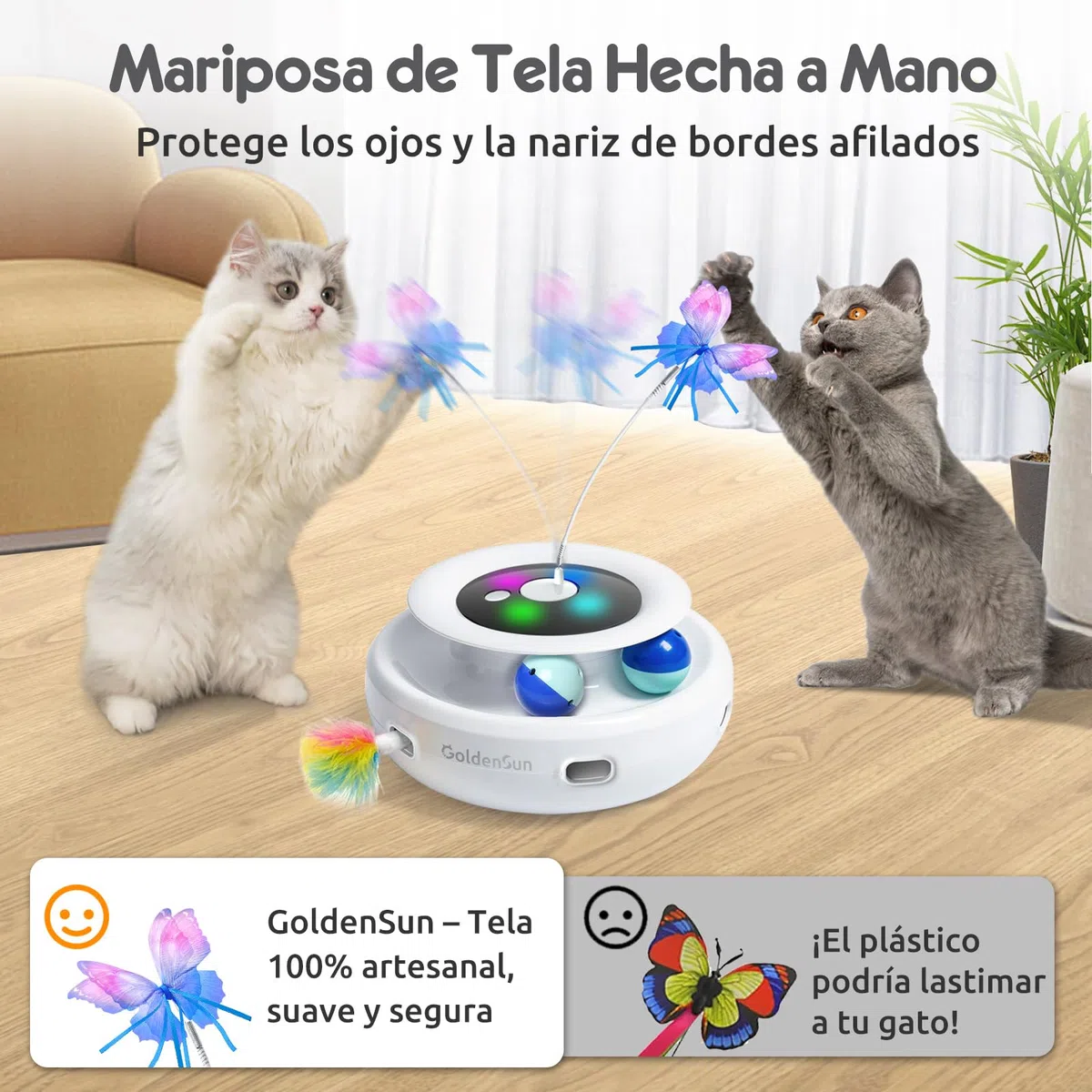 GoldenSun Juguetes para Gatos Recargable, Juguete Automático para Gatos 3 en 1, Pluma Móvil de Emboscada, Mariposa Aleteadora, Bolas de Rastreo, Golpea al Topo, Incluye 4 Accesorios