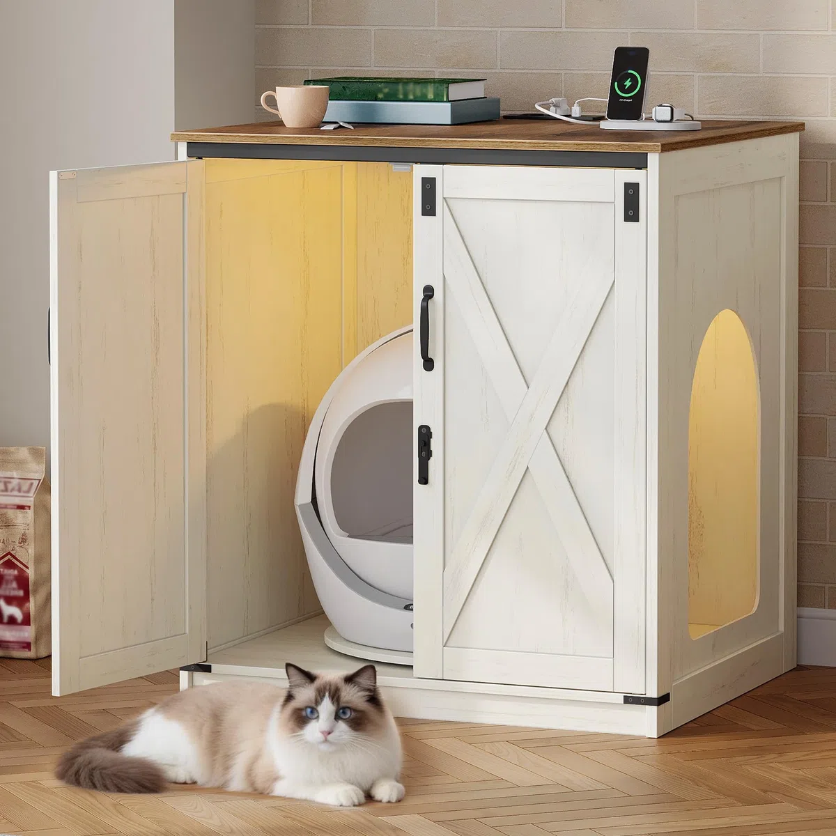 Hzuaneri Mueble Arenero Gato Grande, Caseta Madera Escondite Arenero para Arenero Autolimpiante con Plataforma Giratoria y Estación de Carga, con Cerradura, 82x70x90cm, Marrón Vintage y Blanco