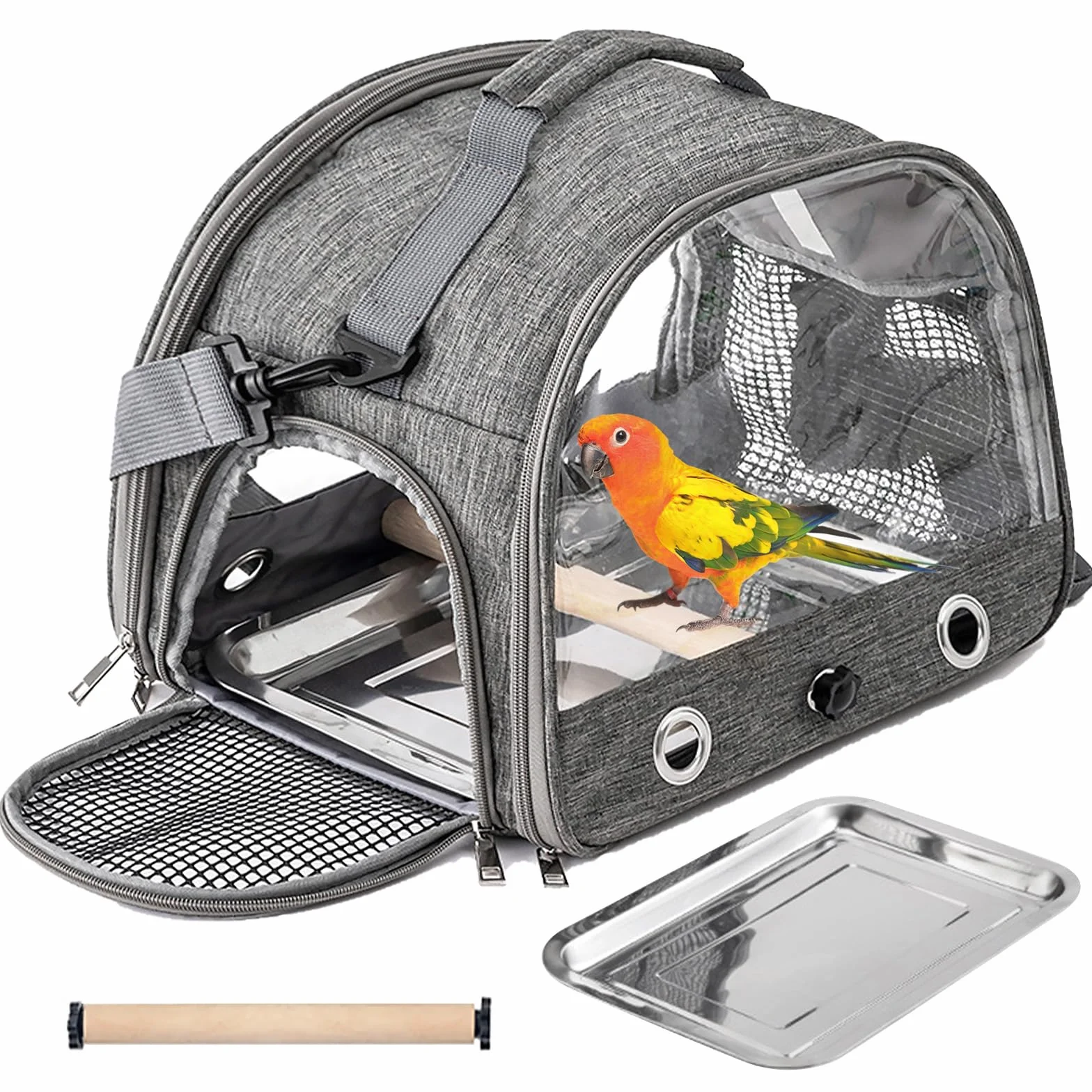 Bolsa Transportadora para Pájaros Mochila de Viaje Plegable con Ventana Transparente, Jaula Portátil y Transpirable con Percha y Bandeja de Acero Inoxidable para Loros, Periquitos y Cacatúas
