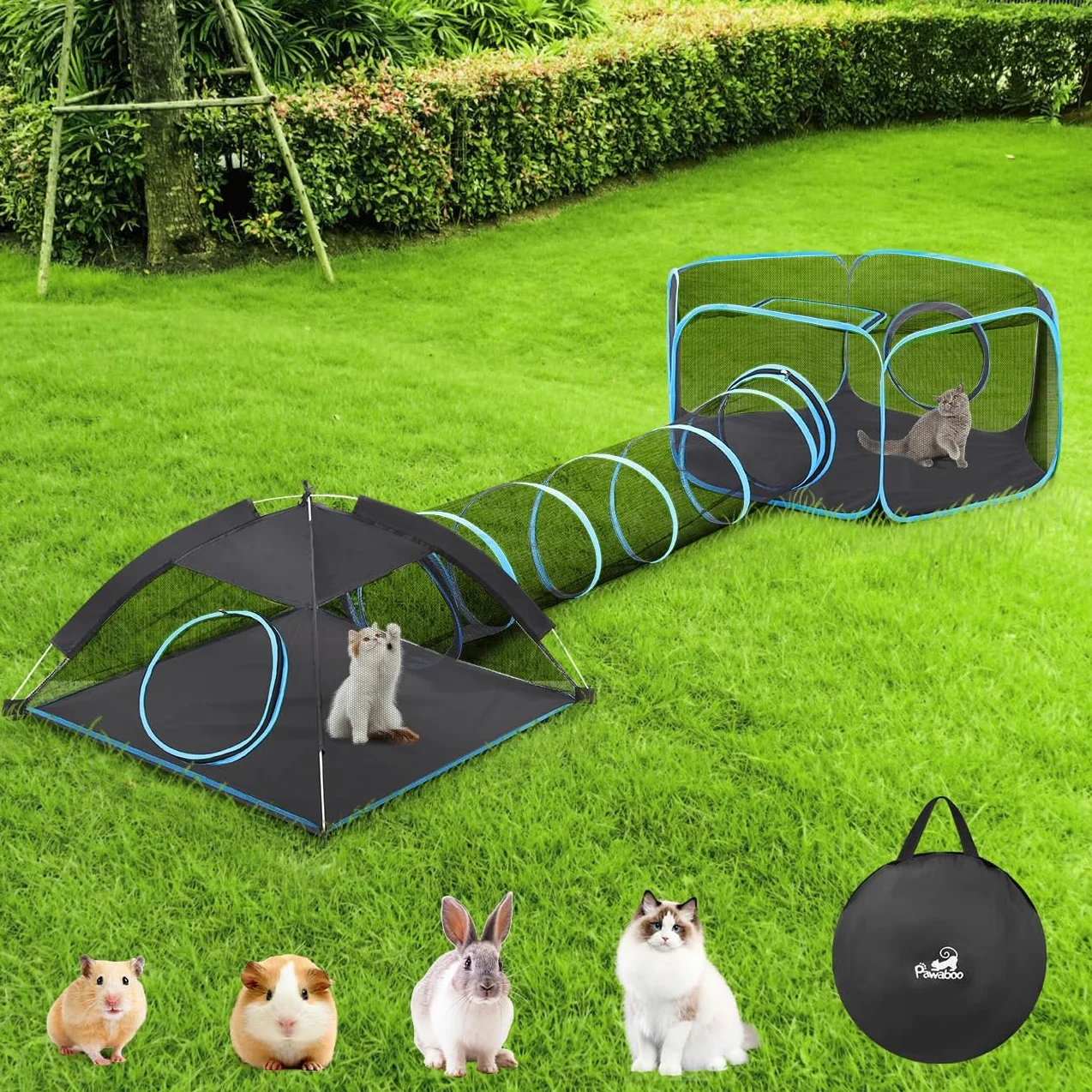 Pawaboo Parque para Mascotas con Túnel Portátil, 3 en 1 Túnel para Gatos Plegable con Tienda y Parque de Malla Transpirable, Corralito para Gatos Conejos Animales Pequeños, Azul Claro + Negro
