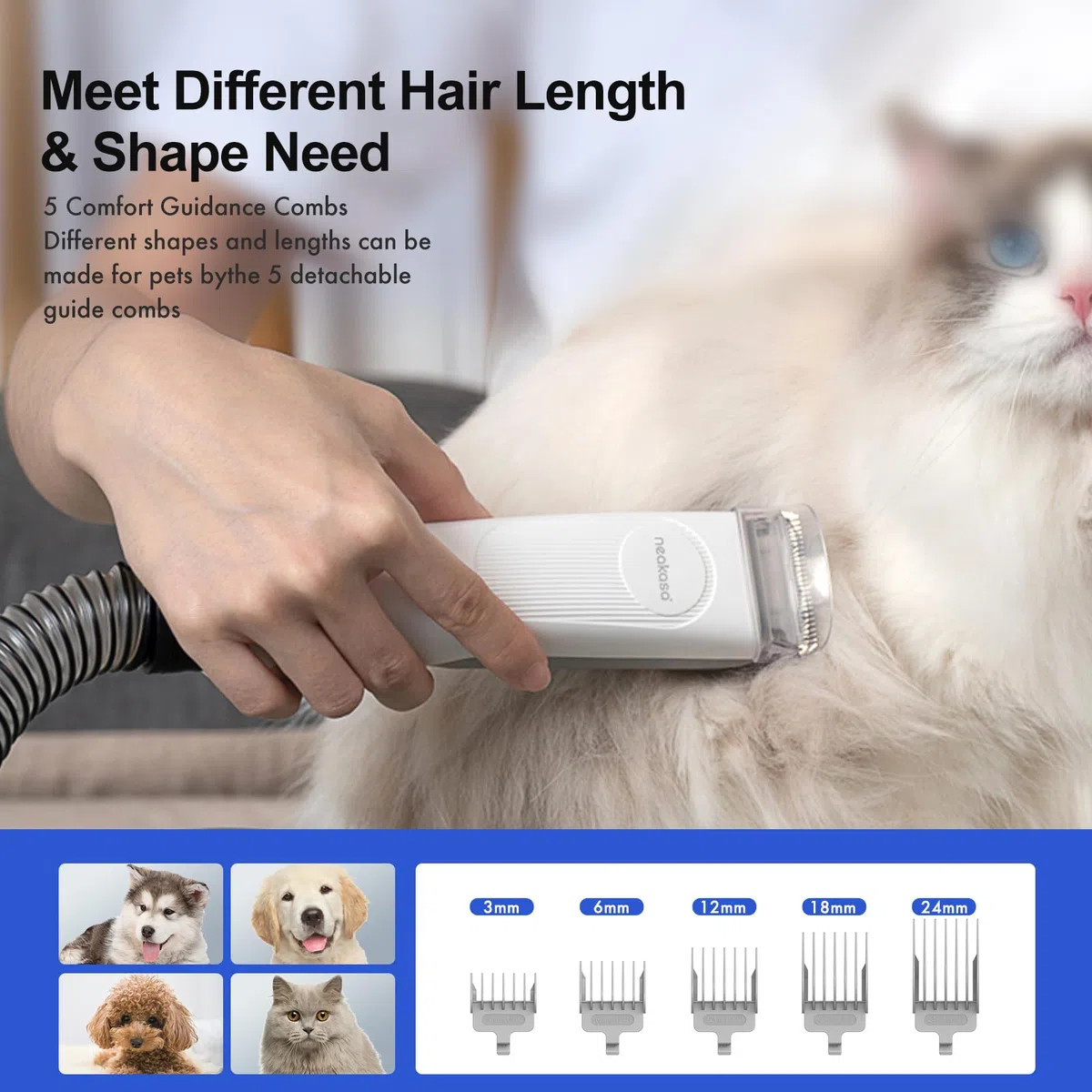 Neakasa Cortapelos Perros y Gatos con aspirador pelos mascotas, 99% Succión de Pelo, Maquina cortar pelo Silenciosa, 5 herramientas de belleza - cepillos para gatos y perros