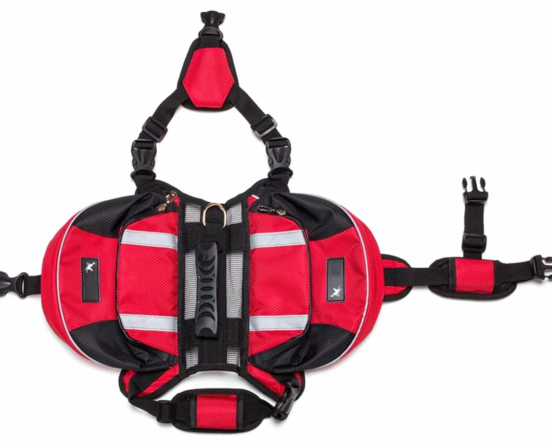 Arnés Chaleco Mochila para Perro Mediano y Grande, Bolsa Sillín Portador Impermeable para Senderismo Viaje Paseo, Alforja Ajustable con Tira Reflectante para Mascota (Rojo, M (Perro 18kg - 28kg)
