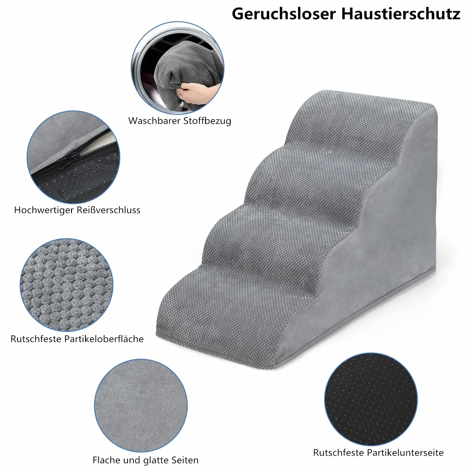 LIANTRAL Escalera y Rampa para Perros para Cama o Sofá, 4 peldaños de Espuma Alta Densidad con Funda Lavable y Rodillo de Pelusa, Escalera para Perros Pequeños, Gatos y Mascotas Mayores, Gris