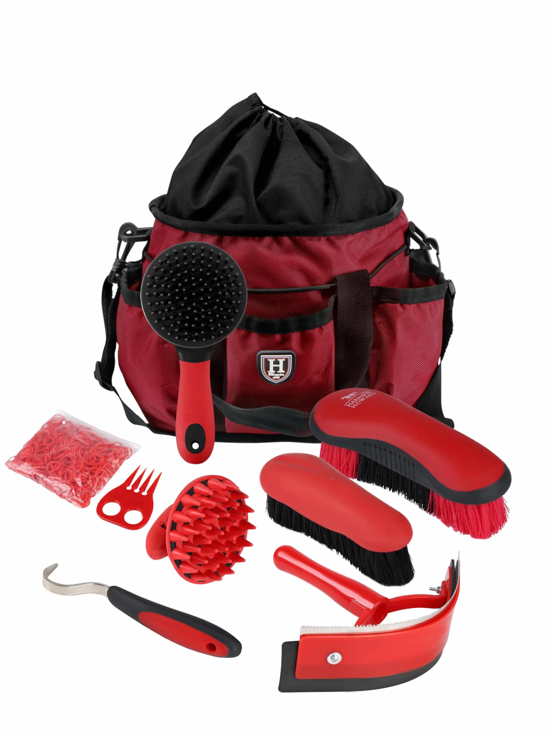 Harrison Howard Kit de cepillos de aseo para caballos de 7 piezas con bolsa organizadora Equine Care Series Juego de cepillos para caballos rojo