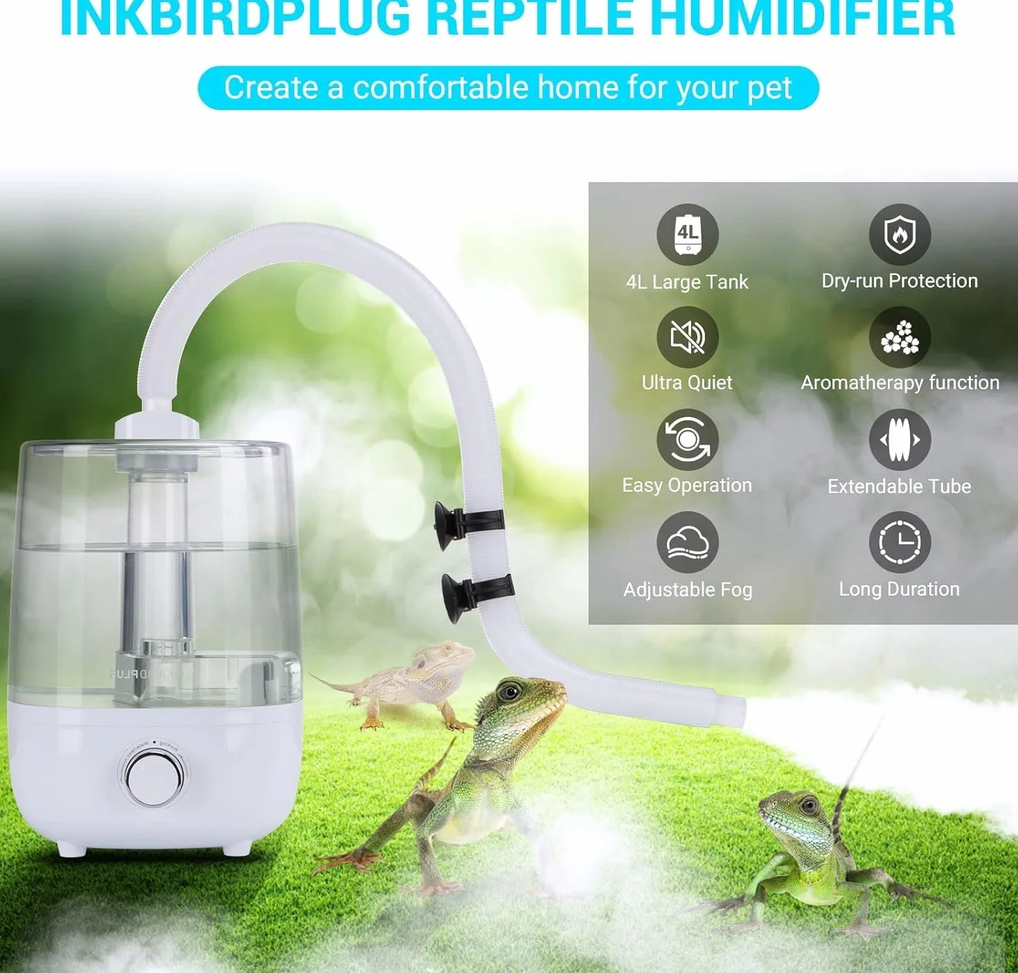 INKBIRDPLUS Humidificador para Reptiles, Nebulizador para Aumentar la Humedad, Humidificador Silencioso para Anfibios de Reptiles, Plantas Húmedas con 4L Gran Capacidad