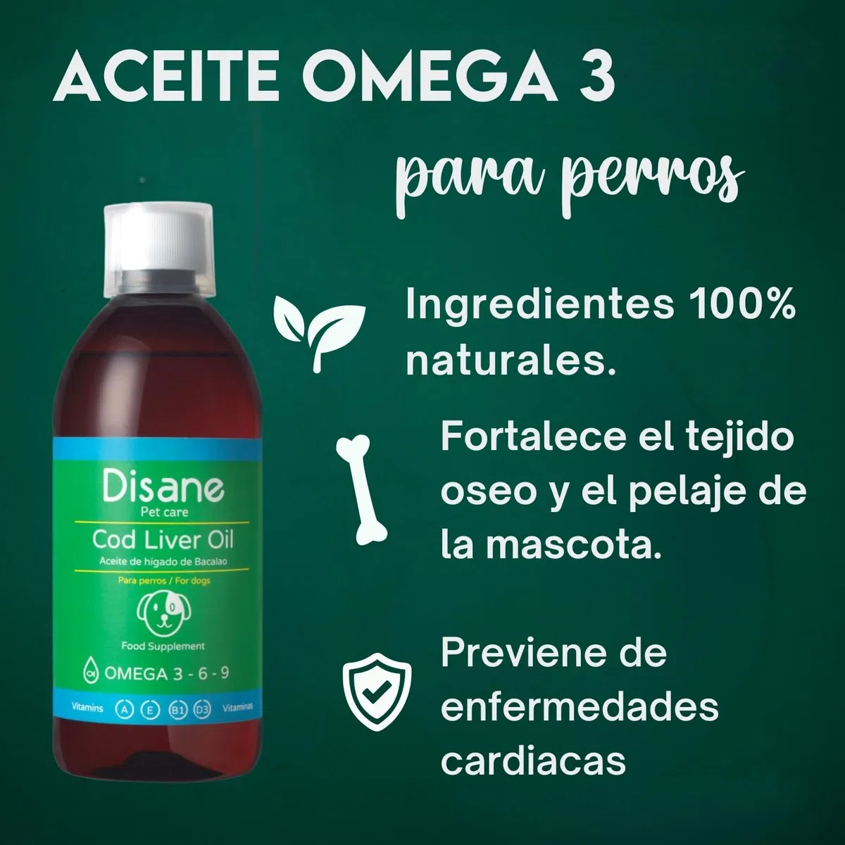 DISANE Aceite de Hígado de Bacalao Perros | 500ml| Suplemento Natural para Cuidado de Las Articulaciones y el Pelaje | Fuente de Omega 3 y Vitaminas para Perros