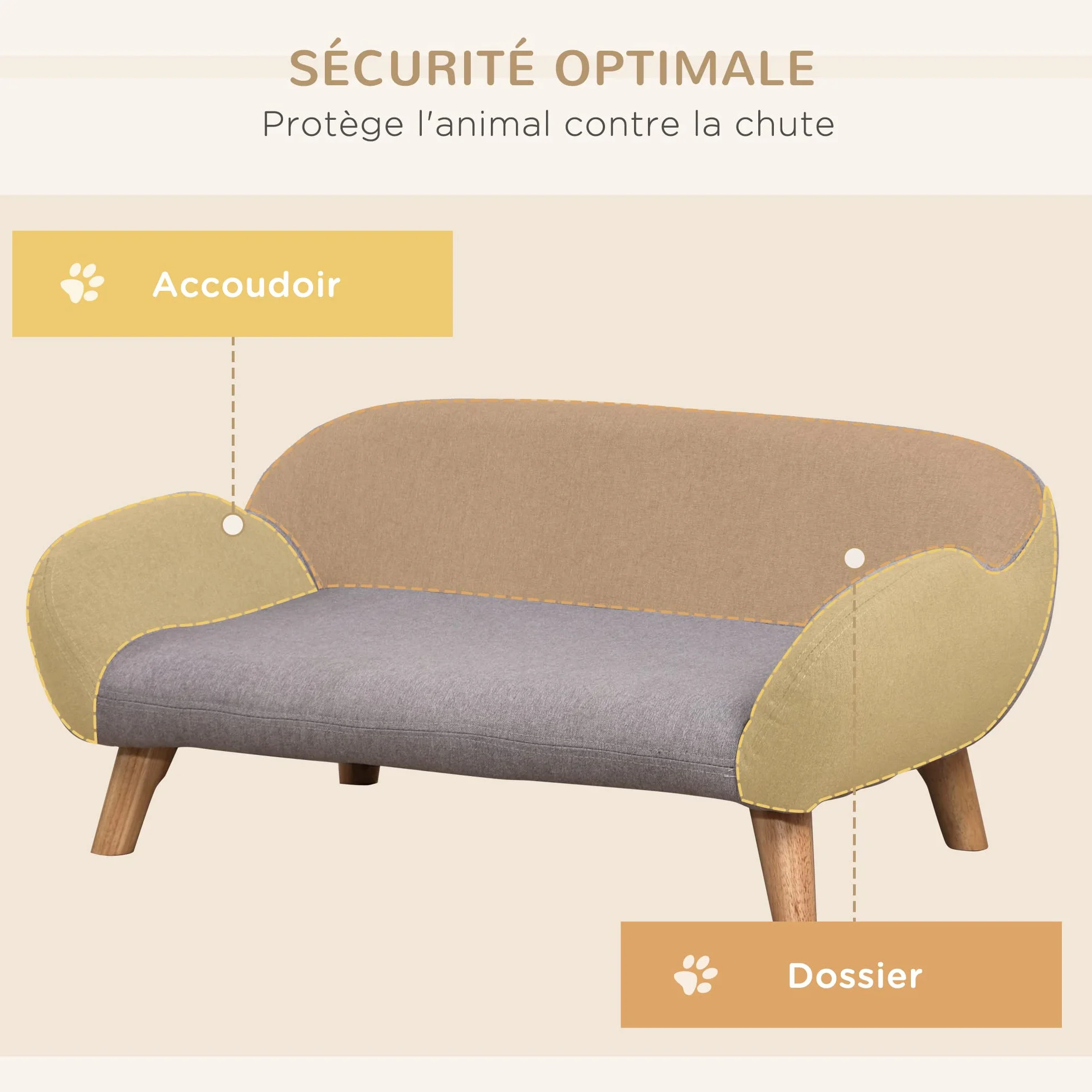 PawHut Sofá para Perros Sofá para Mascotas de Estilo escandinavo con Patas cónicas de Madera tapizado en Tela 72 x 44 x 31 cm - Gris