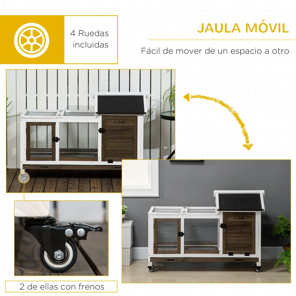 PawHut Conejera de Madera con Ruedas Jaula para Conejos con Techo Puede Abrir y Bandeja Extraíble Conejera para Interior y Exterior 108x58x73,5 cm Café