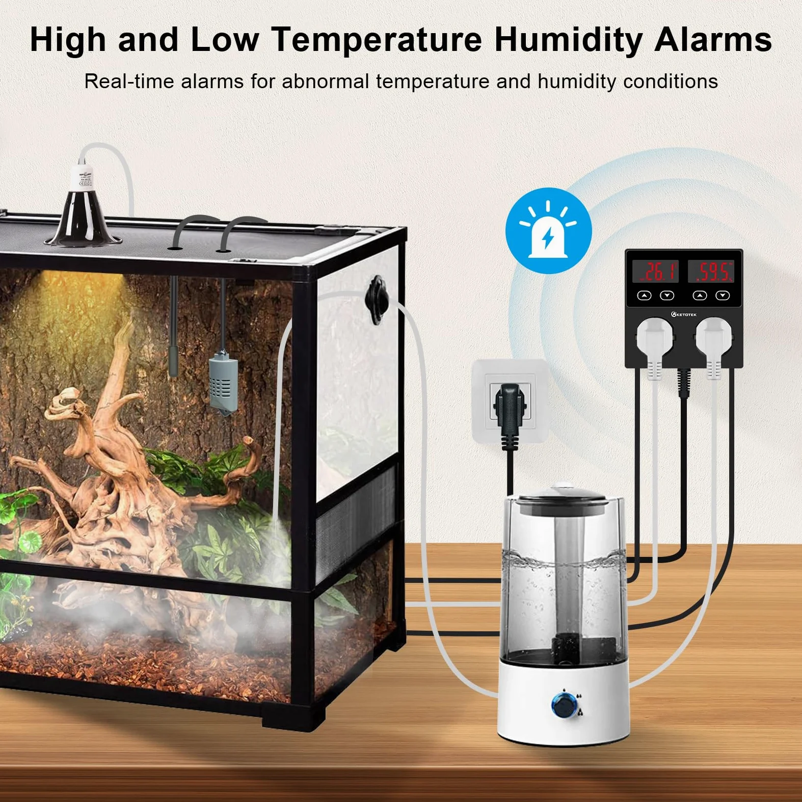 KETOTEK Enchufe con Higrostato Termostato con Sonda, Controlador de Humedad y Temperatura Regulador Digital 220V con Alarma para Terrario Reptil Invernadero Incubadora Humidificador Deshumidificador