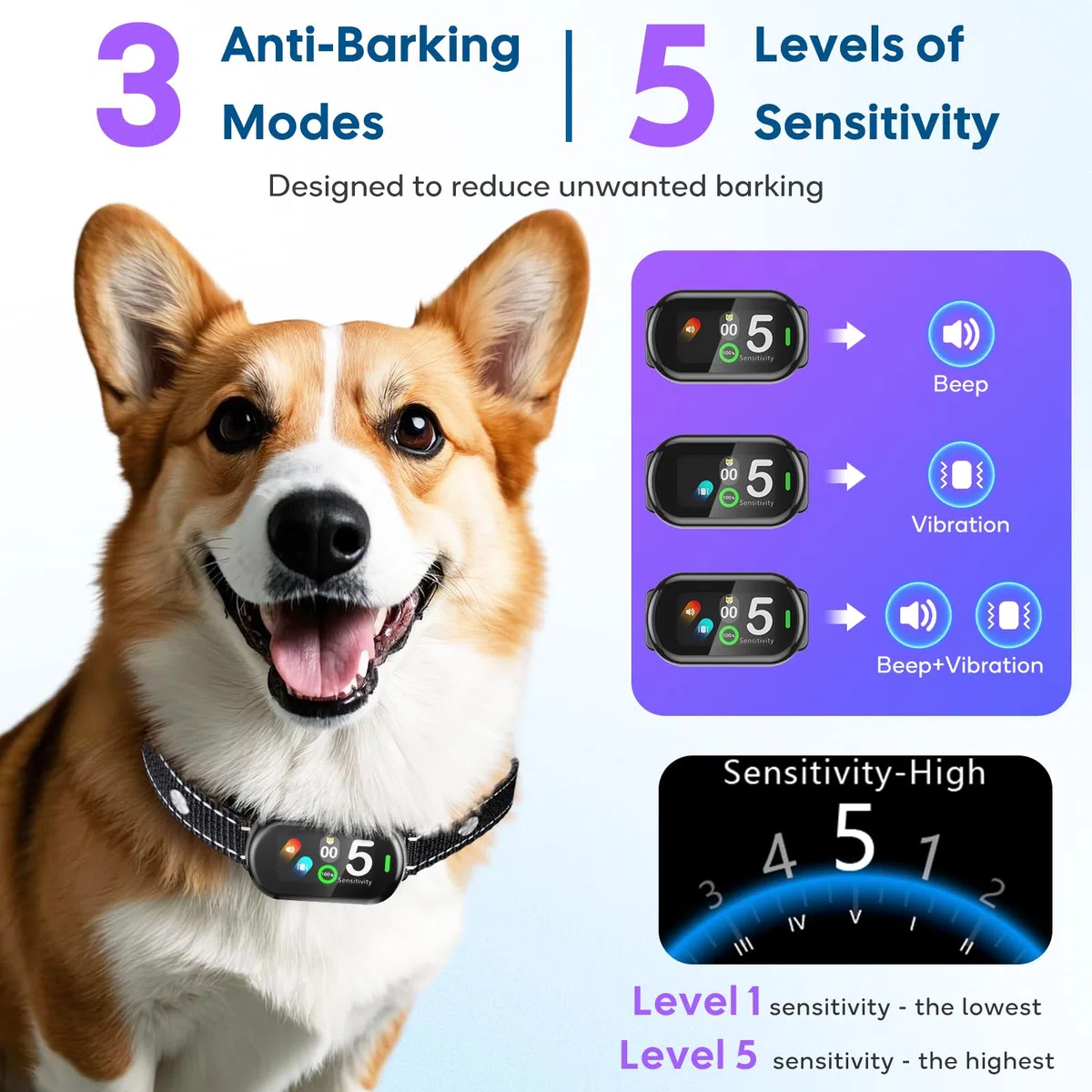 Collar Antiladridos Perros Grande Mediano Pequeño, Collar Adiestramiento para Perros 5-100lbs, 5 Niveles de Sensibilidad, 3 Modos de Sonido y Vibración, Resistente al Agua IP67 y Recargable