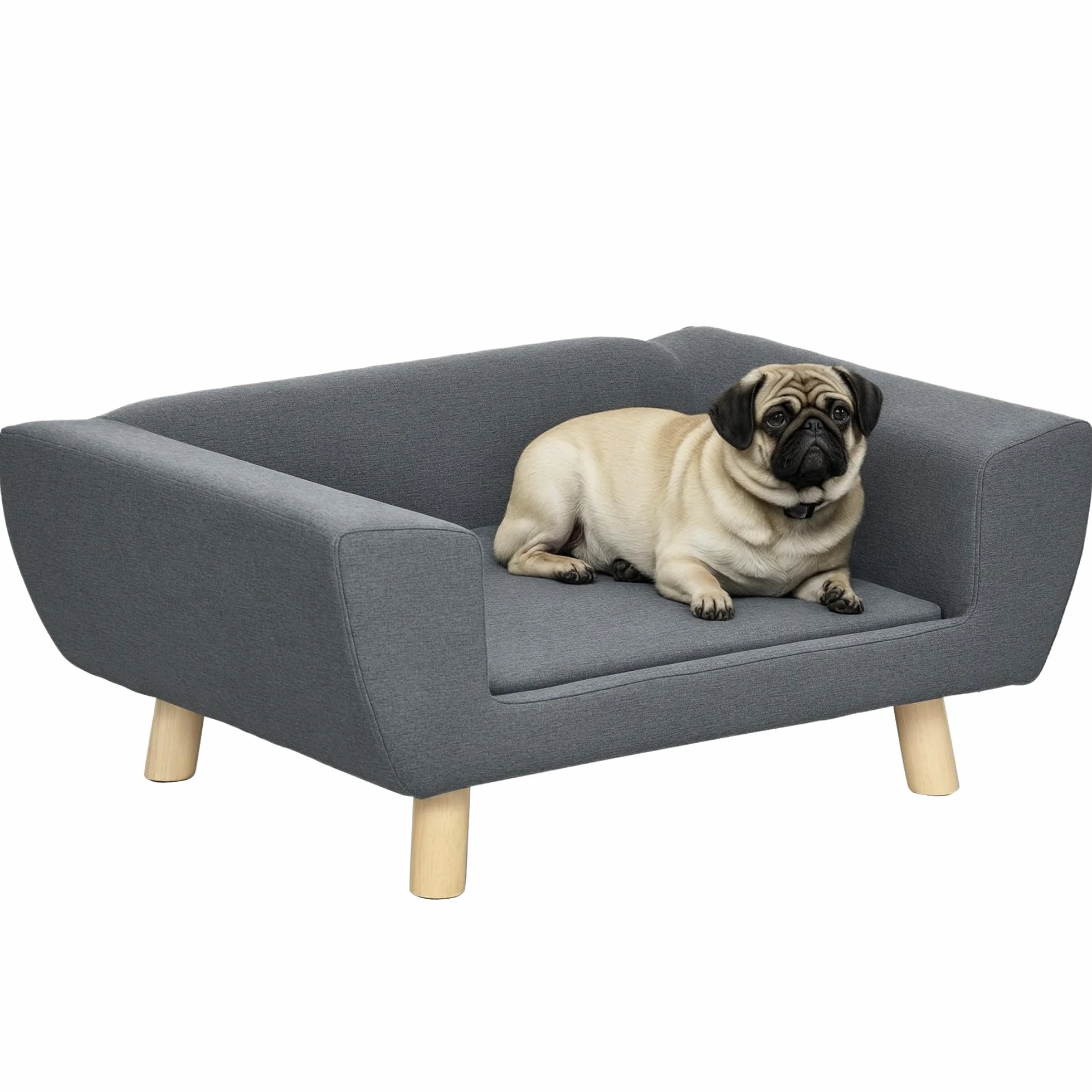 PawHut - Sofá para perro, diseño escandinavo, cojín suave, patas de madera maciza. 87 x 61 x 36 cm Poliéster Gris
