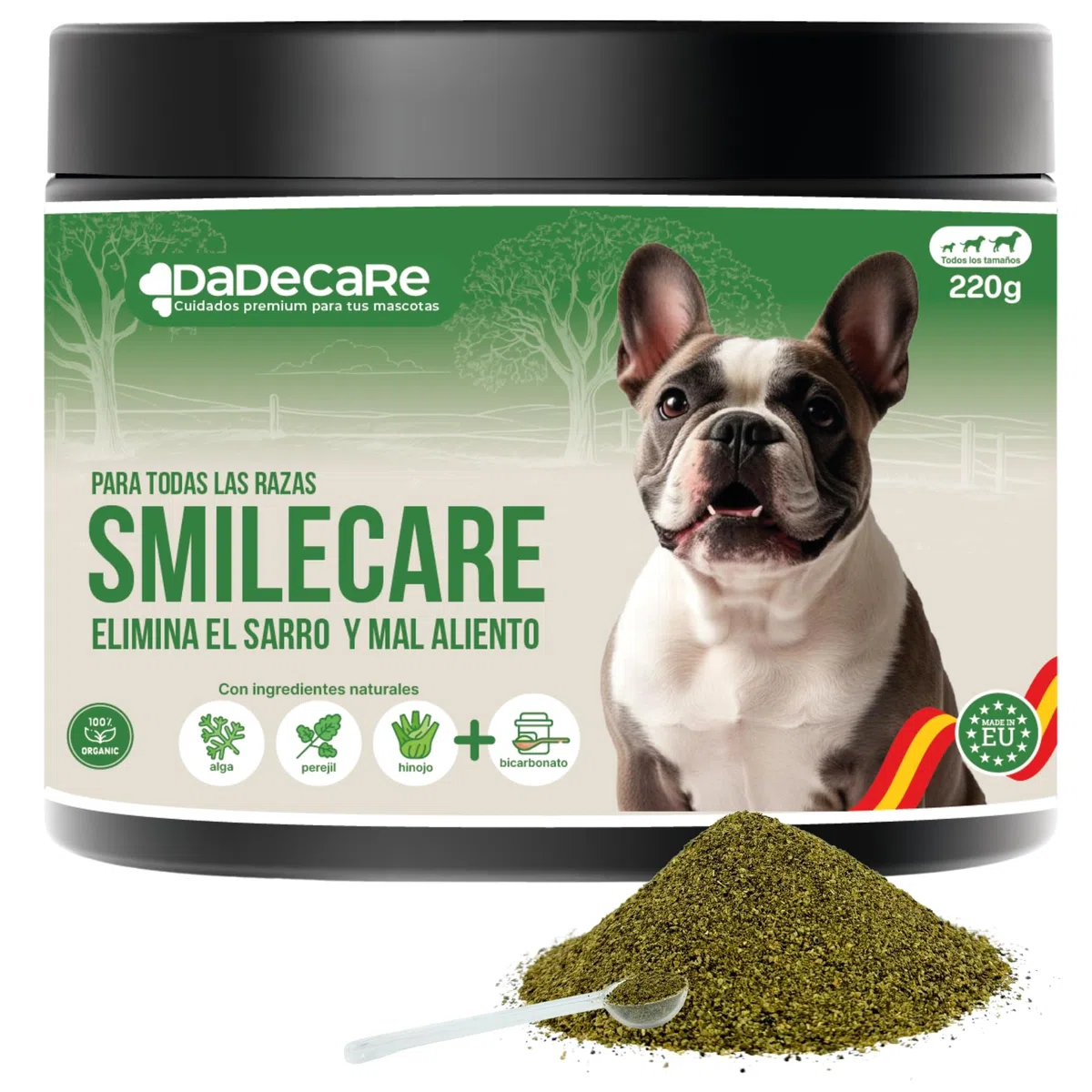 Smilecare - Polvos para Mal aliento 220gr Alga Kelp - Alternativa Natural Pasta De Dientes Para Perros Y Gatos, Mejora Aliento, Reduce Sarro, Prevención Problemas Dentales - Sin Cepillado Diario