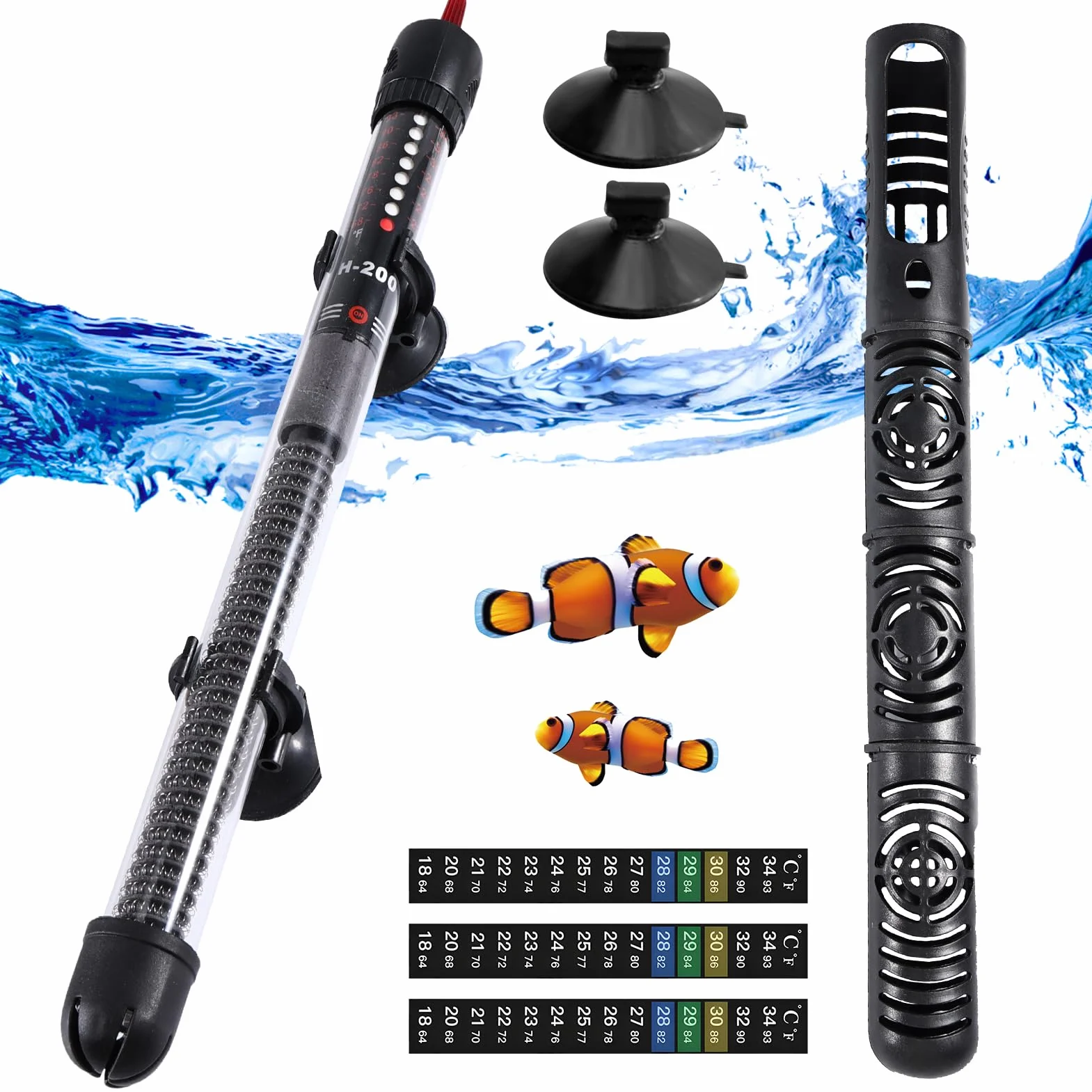 Calefacción para acuario, 200 W, 200 L, temperatura ajustable, con ventosas, calentador de acuario con 3 pegatinas termómetros