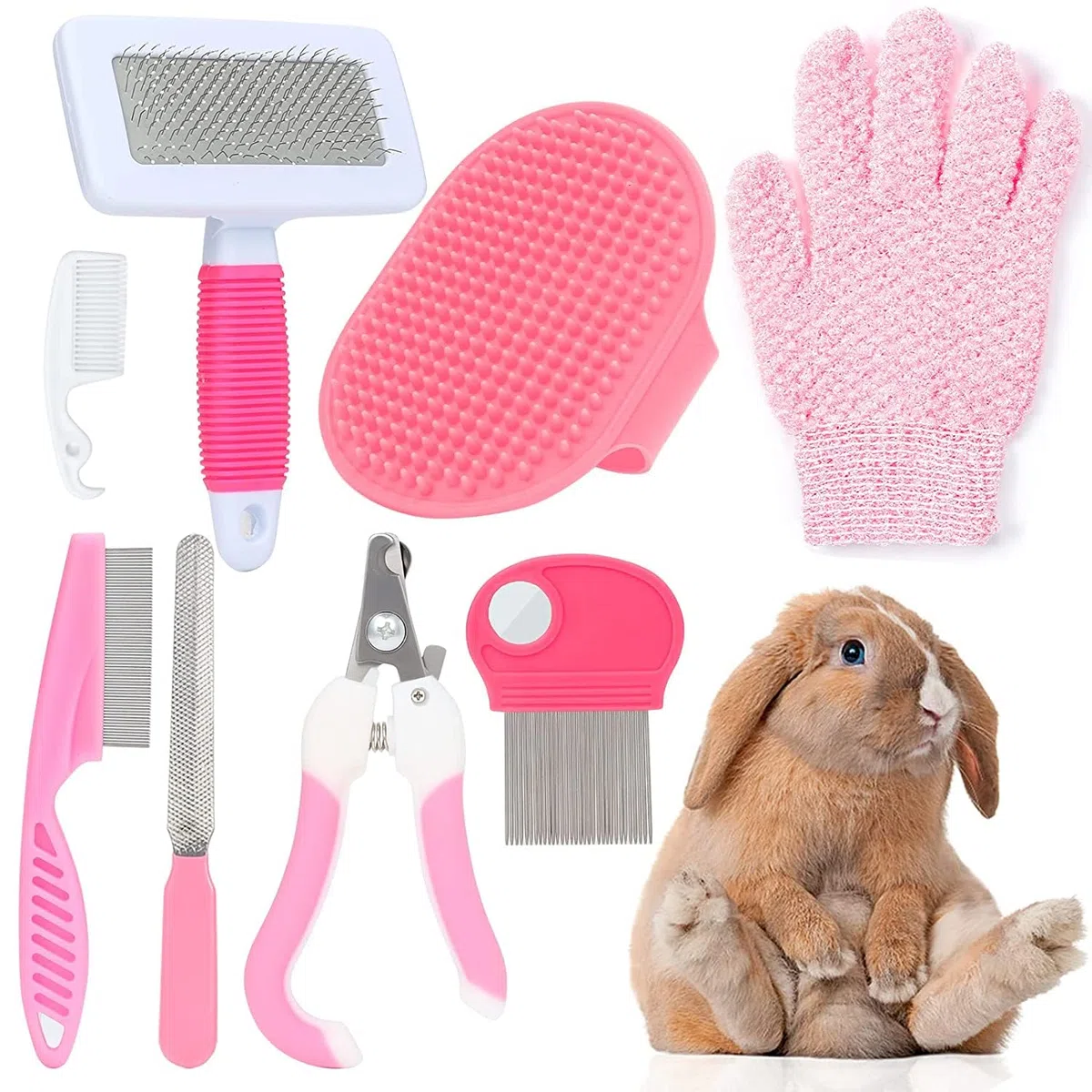 MIAOZ Juego de cuidado de conejos con cortaúñas y recortador, quitapelos para mascotas, largo y lima, peine para pulgas, champú, cepillo de baño para conejos, cachorros, gatitos, cobayas, hurones,