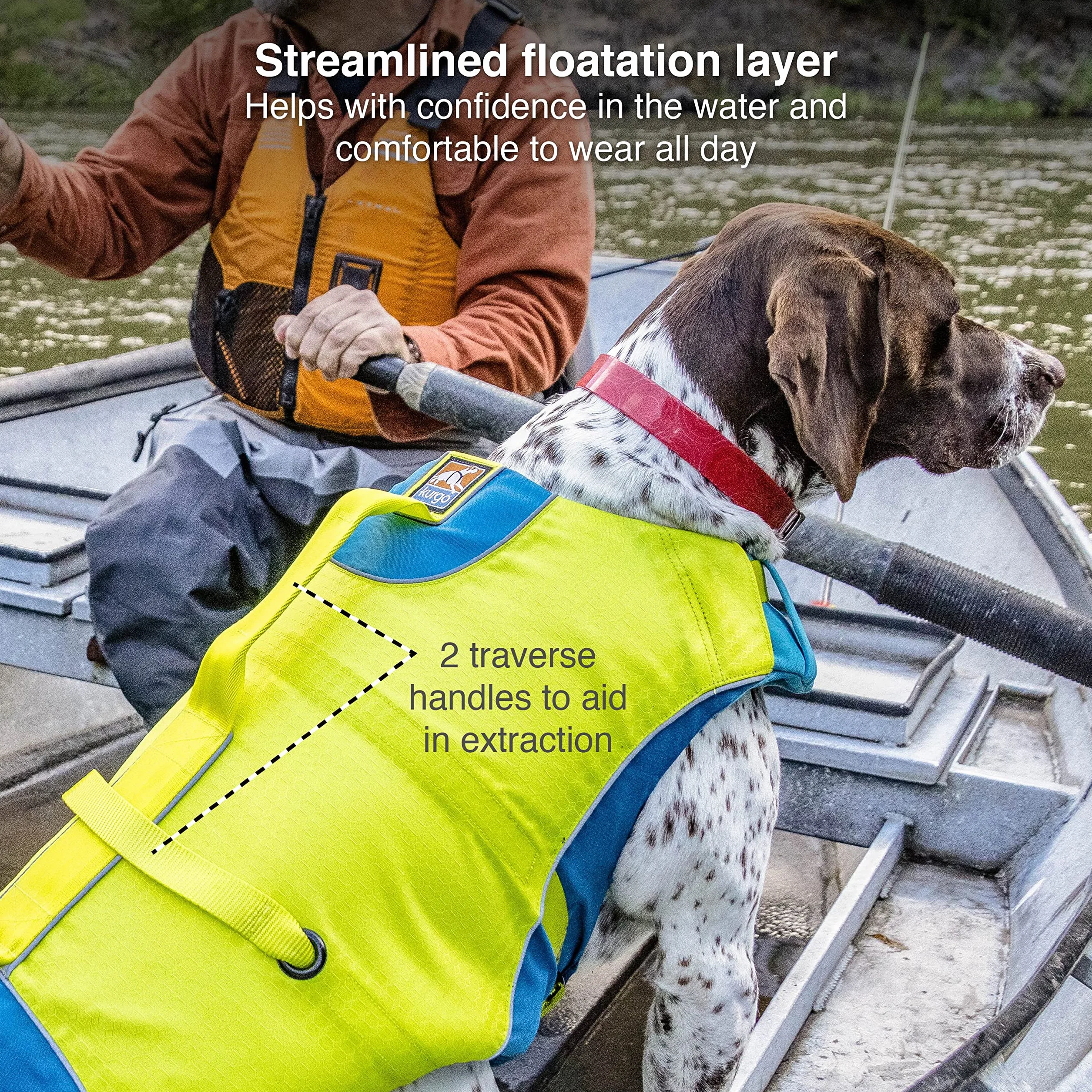 Kurgo Surf n' Turf Chaleco Salvavidas para Perros, Chaleco Salvavidas para Nadar, Chalecos flotantes para Perros, PFD, Reflectante, Ajustable, Azul/Verde, Talla S