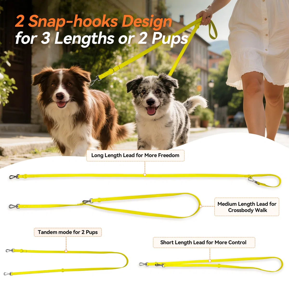 Correa Impermeable para Perro, Correa de Perro Resistente de Doble Extremo, Correa de Nailon recubierta de PVC, fácil de Limpiar, 3 Longitudes o 2 Cachorros (Negro, M)