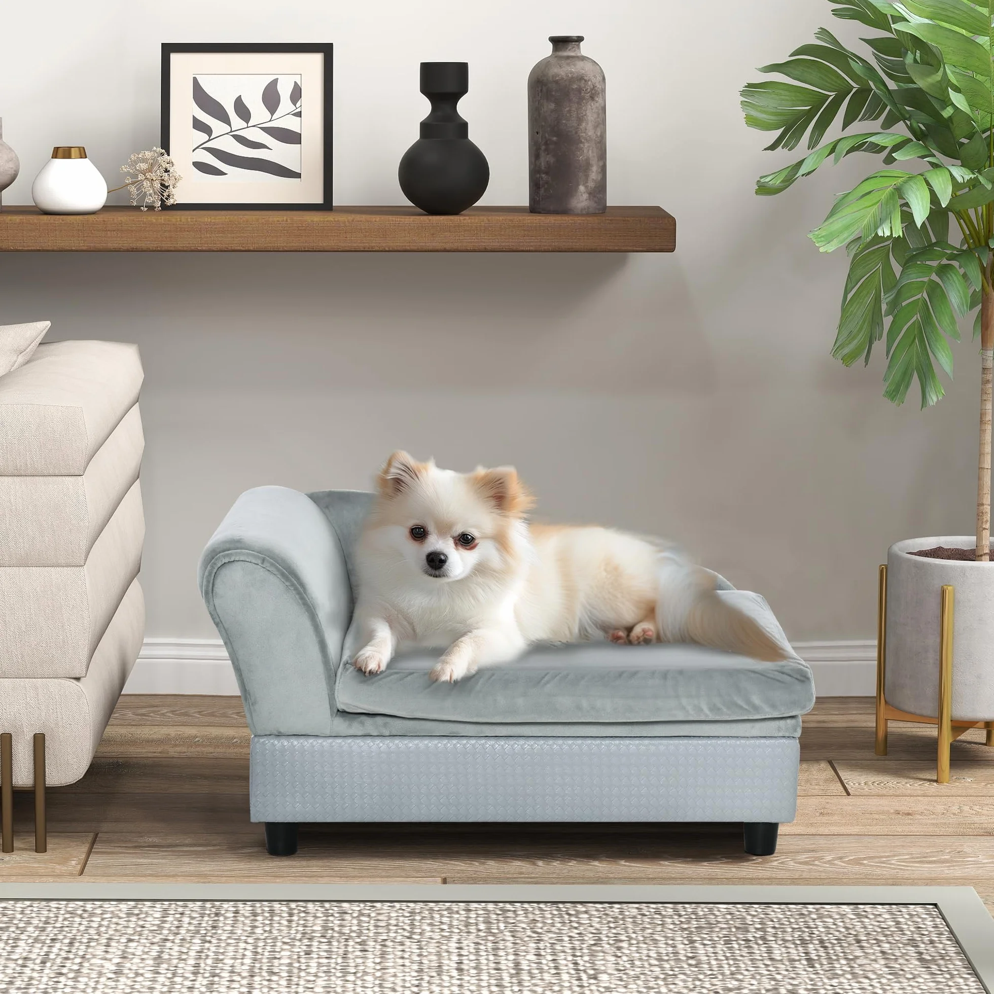PawHut Sofá para Perros Pequeños Sofá para Gatos Tapizado en Terciopelo con Almacenaje Oculto y Cojín Lavable Carga 10 kg 76x45x43 cm Gris Claro
