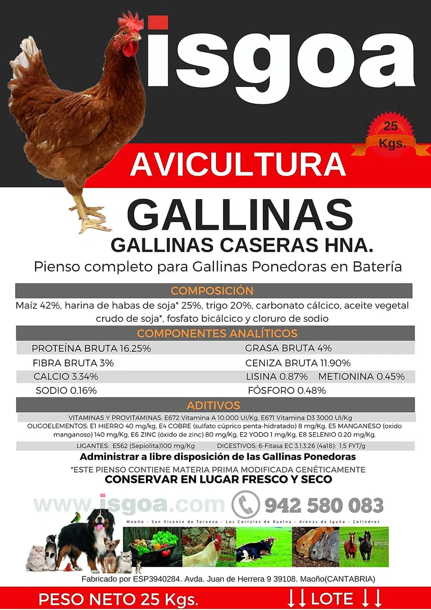 Pienso para gallinas 25 Kilos iSGOA. Receta Tradicional gallinas caseras..