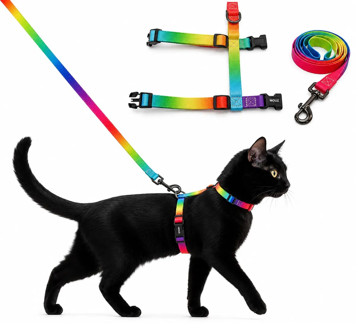 MOUZ Arnés para Gatos y Perros pequeños, Ajustable en Forma de H con Correa, antiescape, Ligero y Suave, Uso fácil, para Viaje. Talla única.