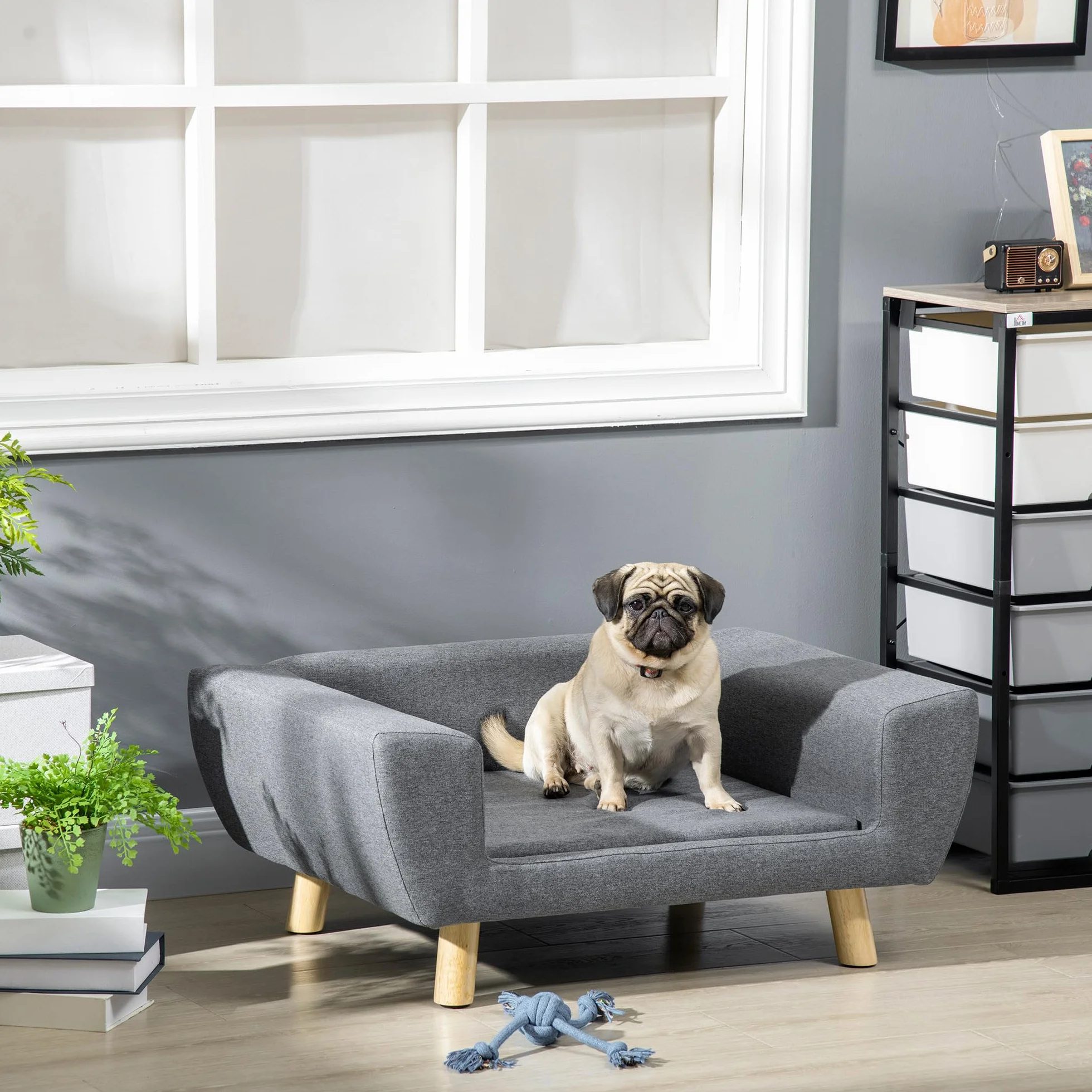 PawHut - Sofá para perro, diseño escandinavo, cojín suave, patas de madera maciza. 87 x 61 x 36 cm Poliéster Gris