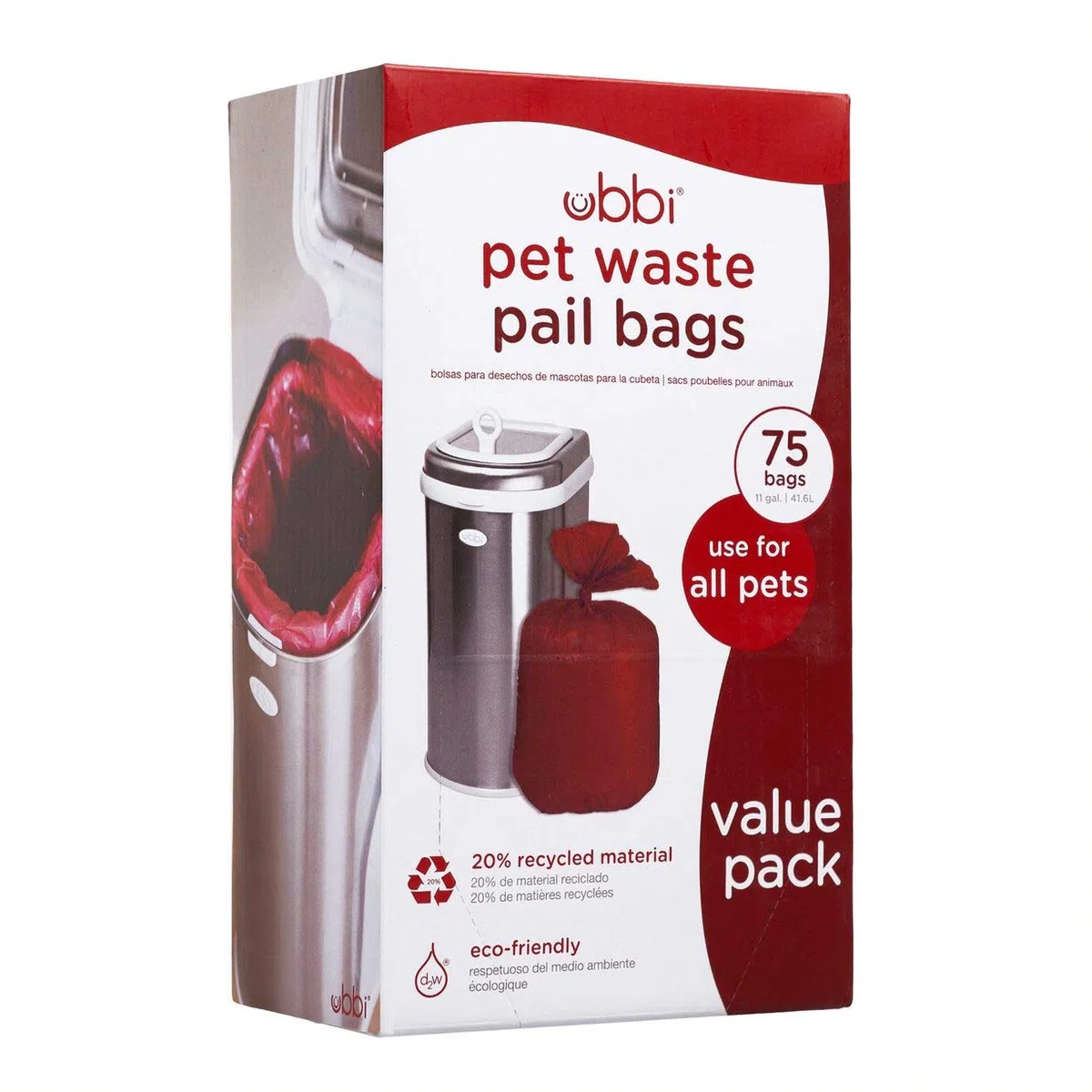 Ubbi Bolsas de basura para mascotas, solución de limpieza para cajas de arena para gatos, paquete económico de 75 unidades color rojo