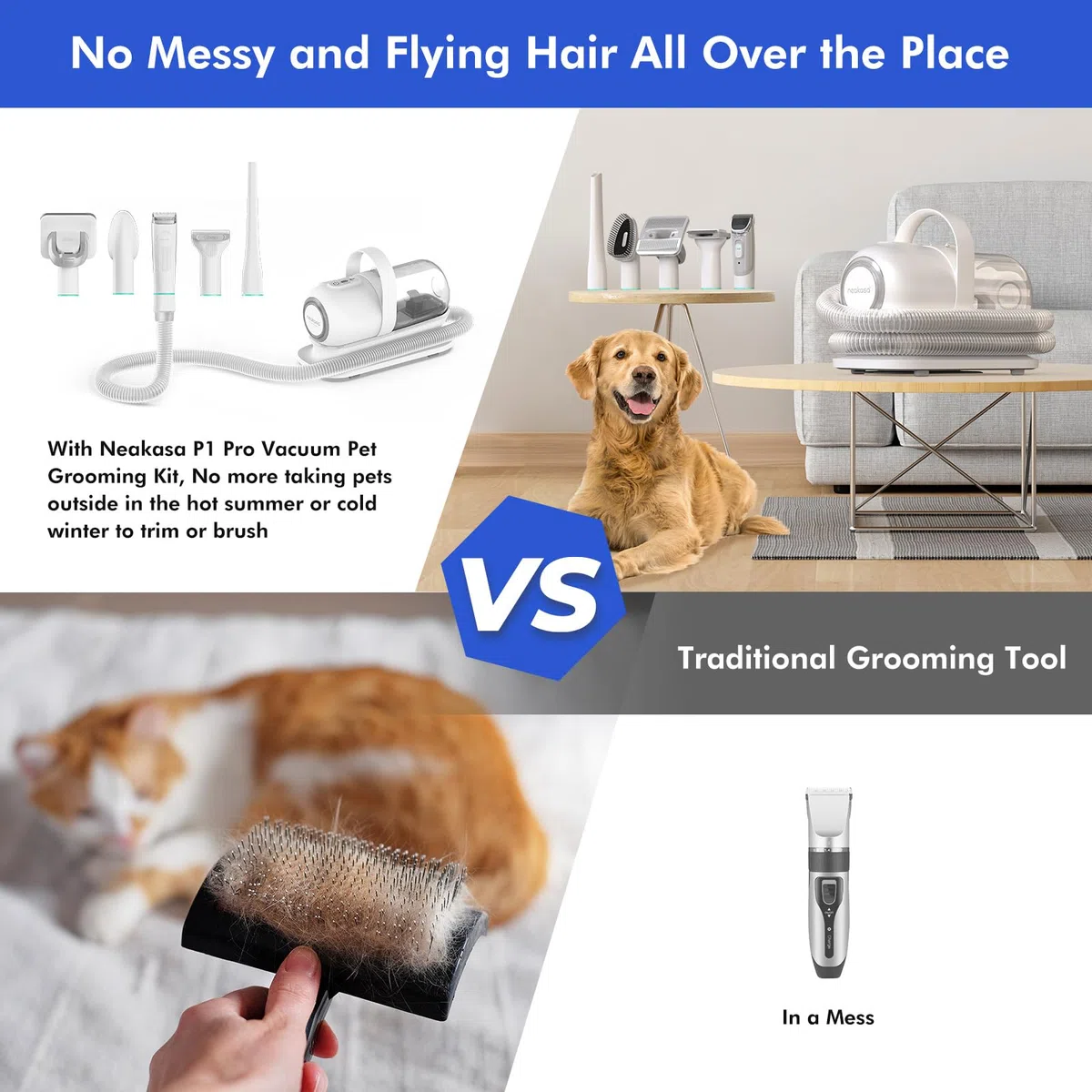 Neakasa Cortapelos Perros y Gatos con aspirador pelos mascotas, 99% Succión de Pelo, Maquina cortar pelo Silenciosa, 5 herramientas de belleza - cepillos para gatos y perros