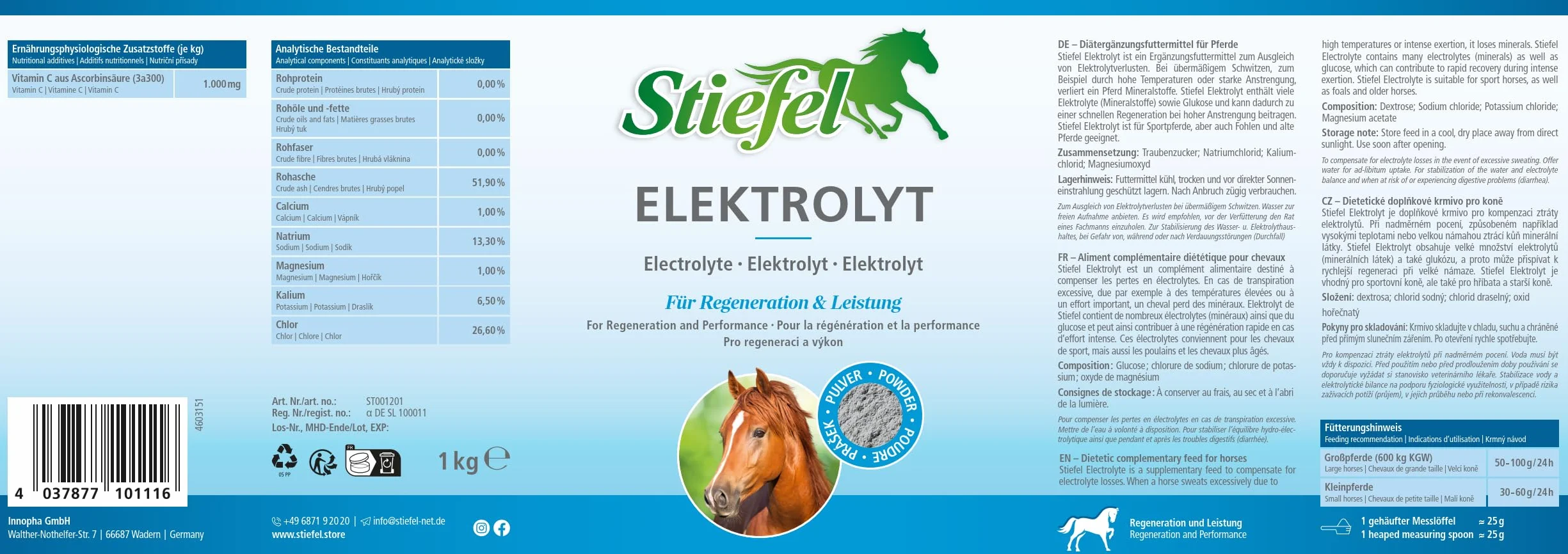 Stiefel Electrolito para caballos, eletrolitos de alta concentración, compensar pérdidas de electrolitos, sudoración, regeneración rápida, con magnesio, 1 kg