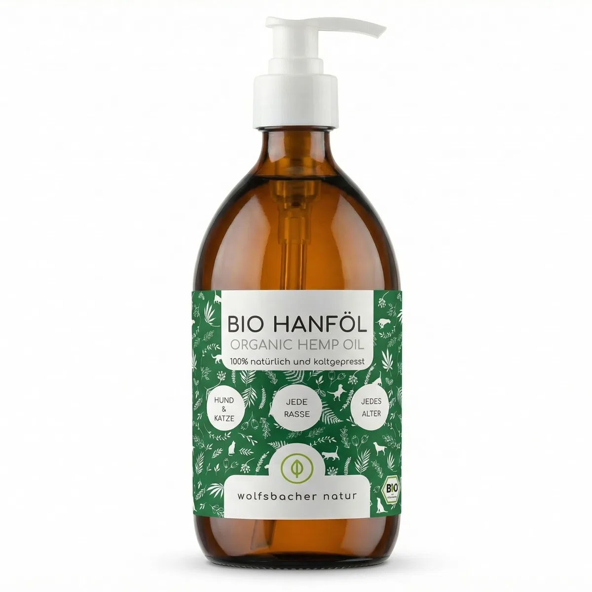 Aceite de cáñamo orgánico para Perros y Gatos 500ml | 100% Natural y prensado en frío | Apoyo para la Piel y el Pelaje | Omega 3-6-9 | DE-ÖKO-060