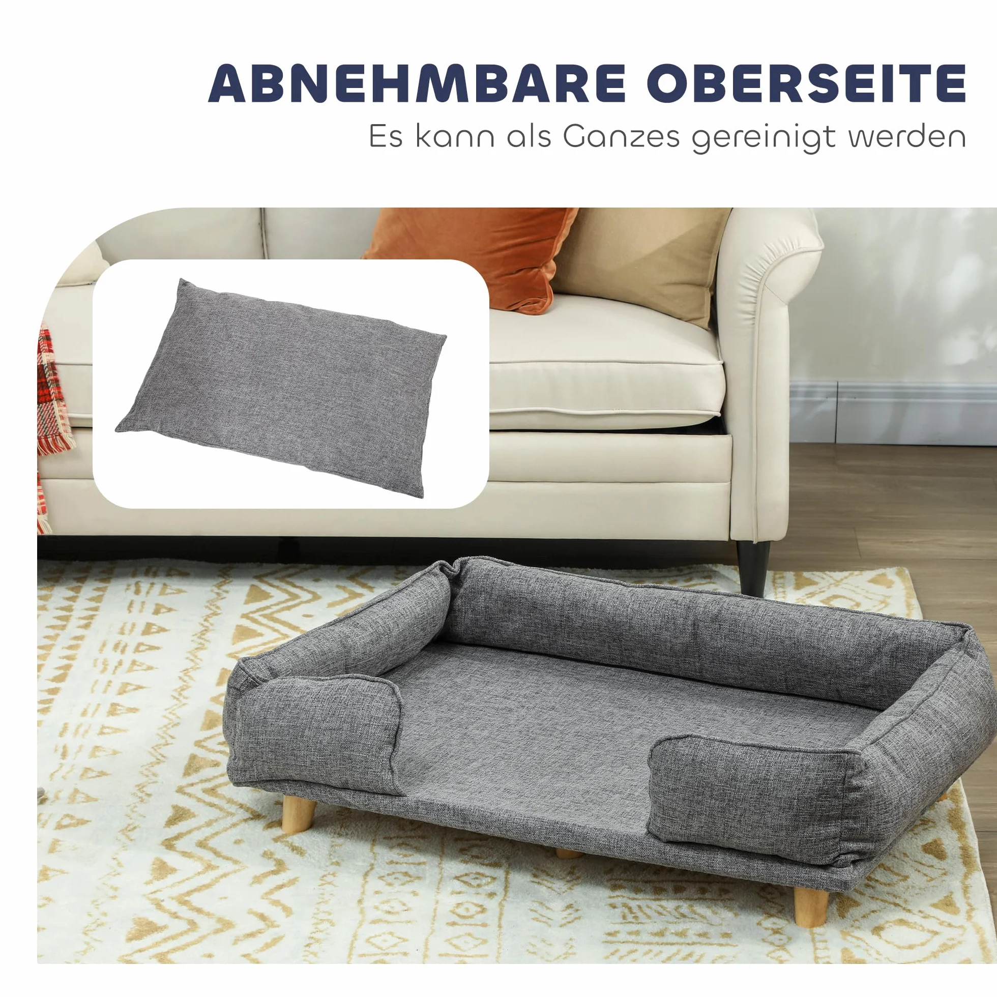 PawHut Sofá para perros con respaldo, patas de madera, cama para perros con poliéster, sofá para mascotas y gatos, para perros grandes de hasta 30 kg y 60 cm de altura de hombro, 96 x 66 x 24 cm