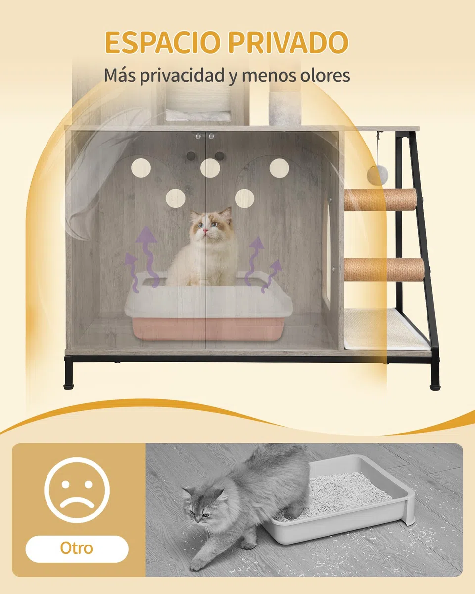 Hzuaneri Armario para Gatos, Moderna Casa para Gatos 4 en 1 con Plataforma Grande, Mueble Arenero Gato con Alfombrilla para Arañar, Postes, Escaleras y Pompón, Cojines Lavables, Greige CB81005B