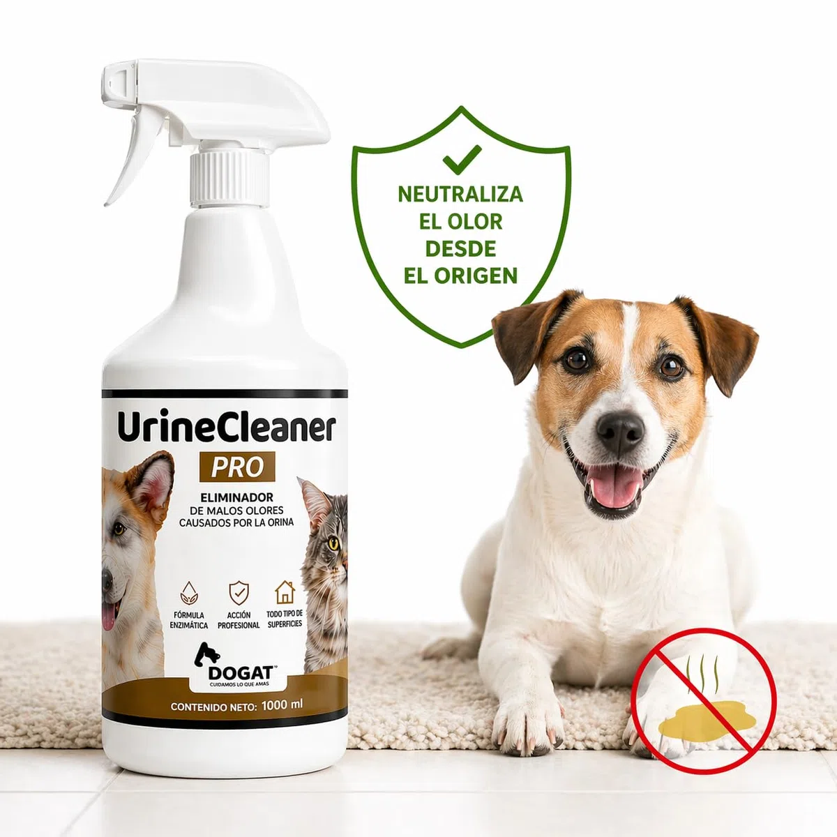Eliminador Olor Orina Perro y Gato 1000 ml | Neutralizador Profesional de Malos Olores de Mascotas | Spray Limpiador Enzimático para Sofá, Suelo, Alfombra, Terraza y Césped Artificial