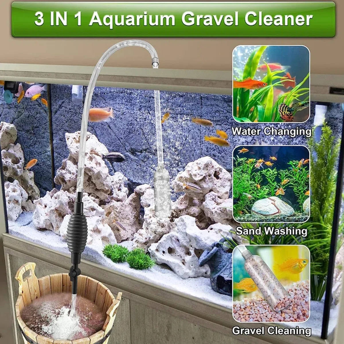Sifonador Acuario para Cambio de Agua,Sifón Acuario,Cambiador de Agua de Acuario,Cambiador De Agua,Limpiador de acuarios,Con 2 cabezas de succión y pinzas de tubería para limpiar y reemplazar el agua