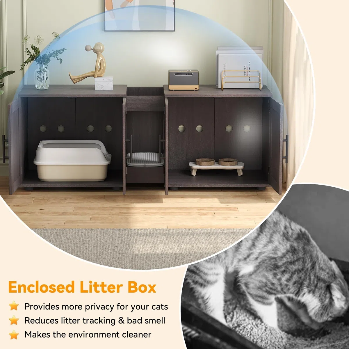 GarveeLife Mueble Arenero para Gatos – Gabinete Oculto con Doble Compartimento para 2 Cajas, Diseño 3 en 1 Mesita Lateral, Madera Impermeable, Negro 140x45x52 cm