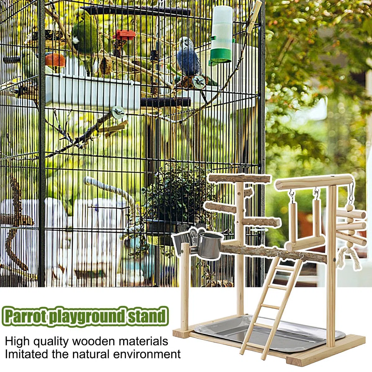 Parque de Juegos para pájaros, Loros, Soporte de Madera para pájaros, Parque de Juegos para periquitos, con Taza de alimentación y Bandeja, Juguetes para pájaros, Juguete de Ejercicio para