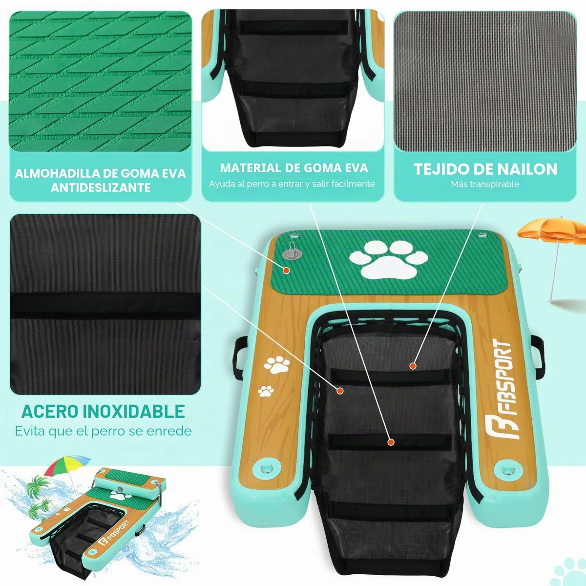 Rampa de Agua Hinchable para Perros, Escalera Flotante para Muelles Piscinas, Barcos, Lagos, Antideslizante de EVA para Perros de hasta 100 kg